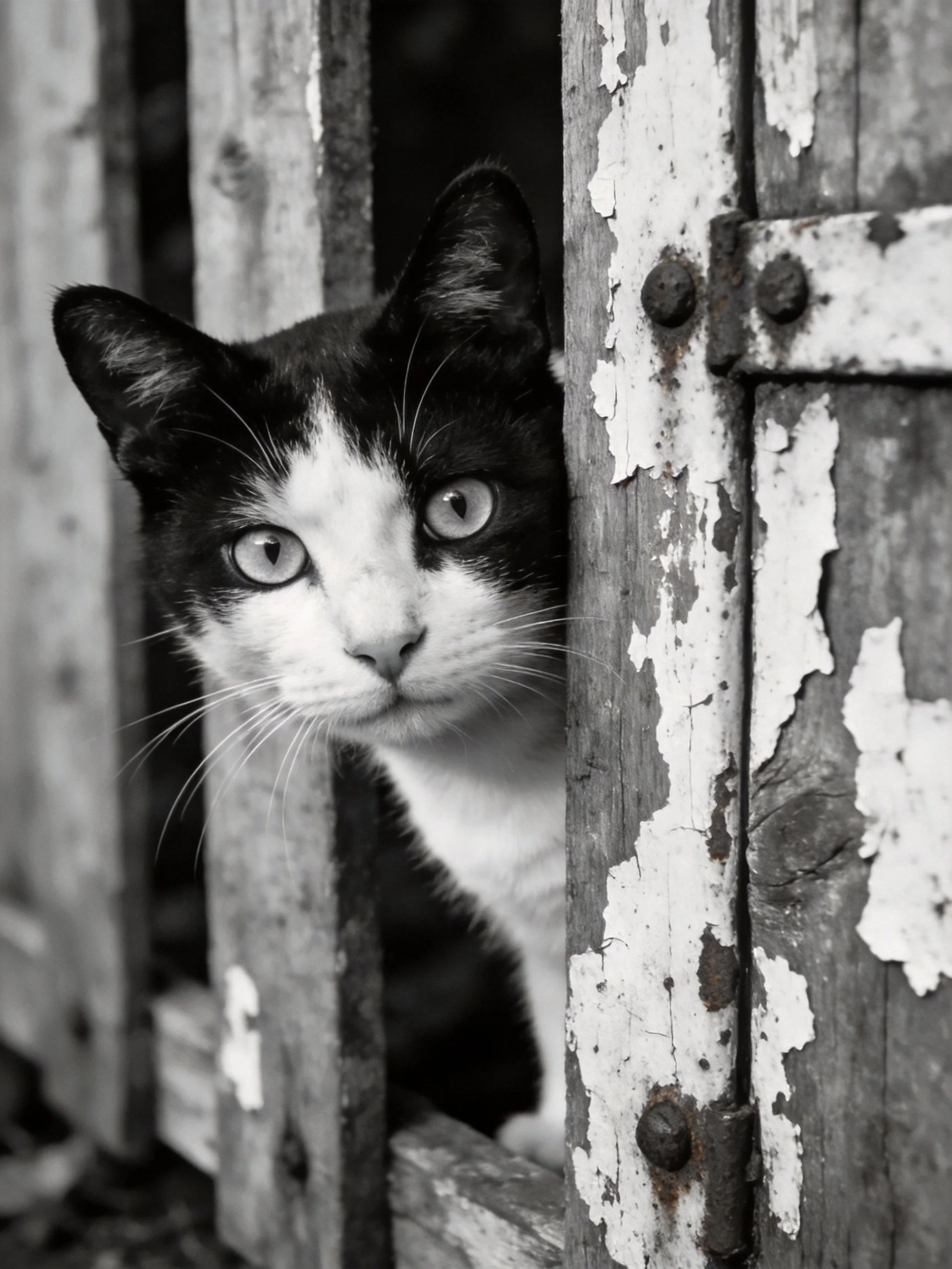 A black - and - white cat peers from a weathered, peeling wooden fence