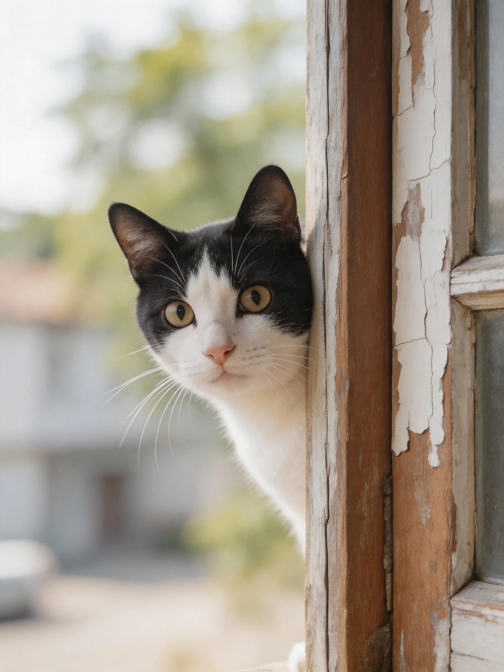 A black - and - white cat peers from behind an aged wooden frame
