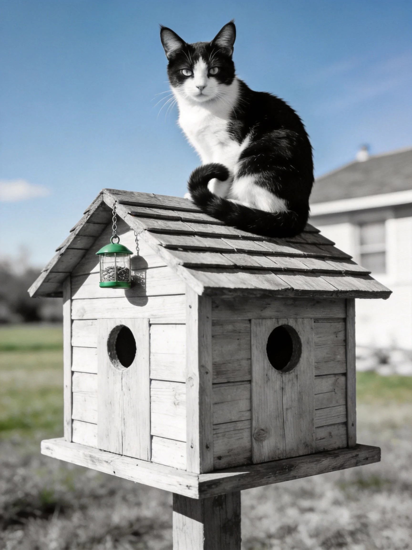 A black and white cat perched atop a wooden birdhouse with a green feeder