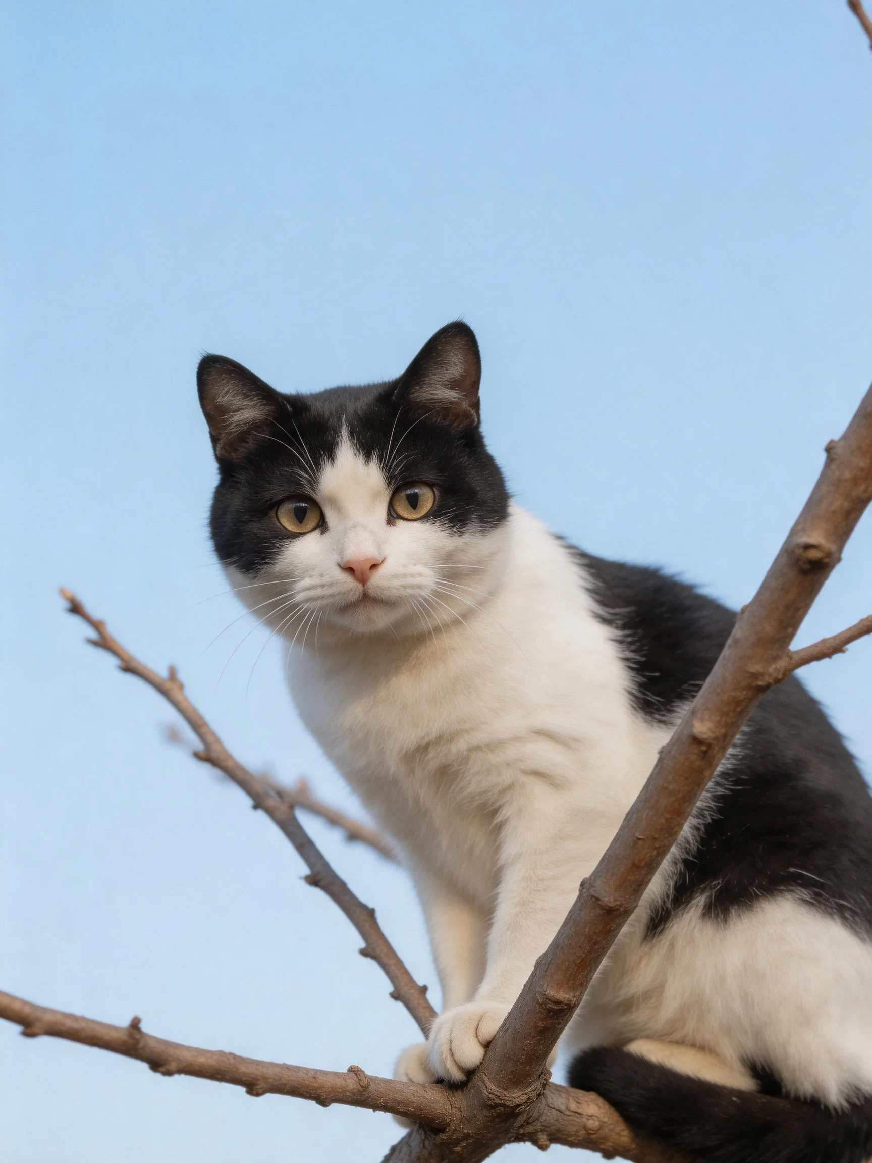 A black - and - white cat perched on a bare tree branch under clear blue sky
