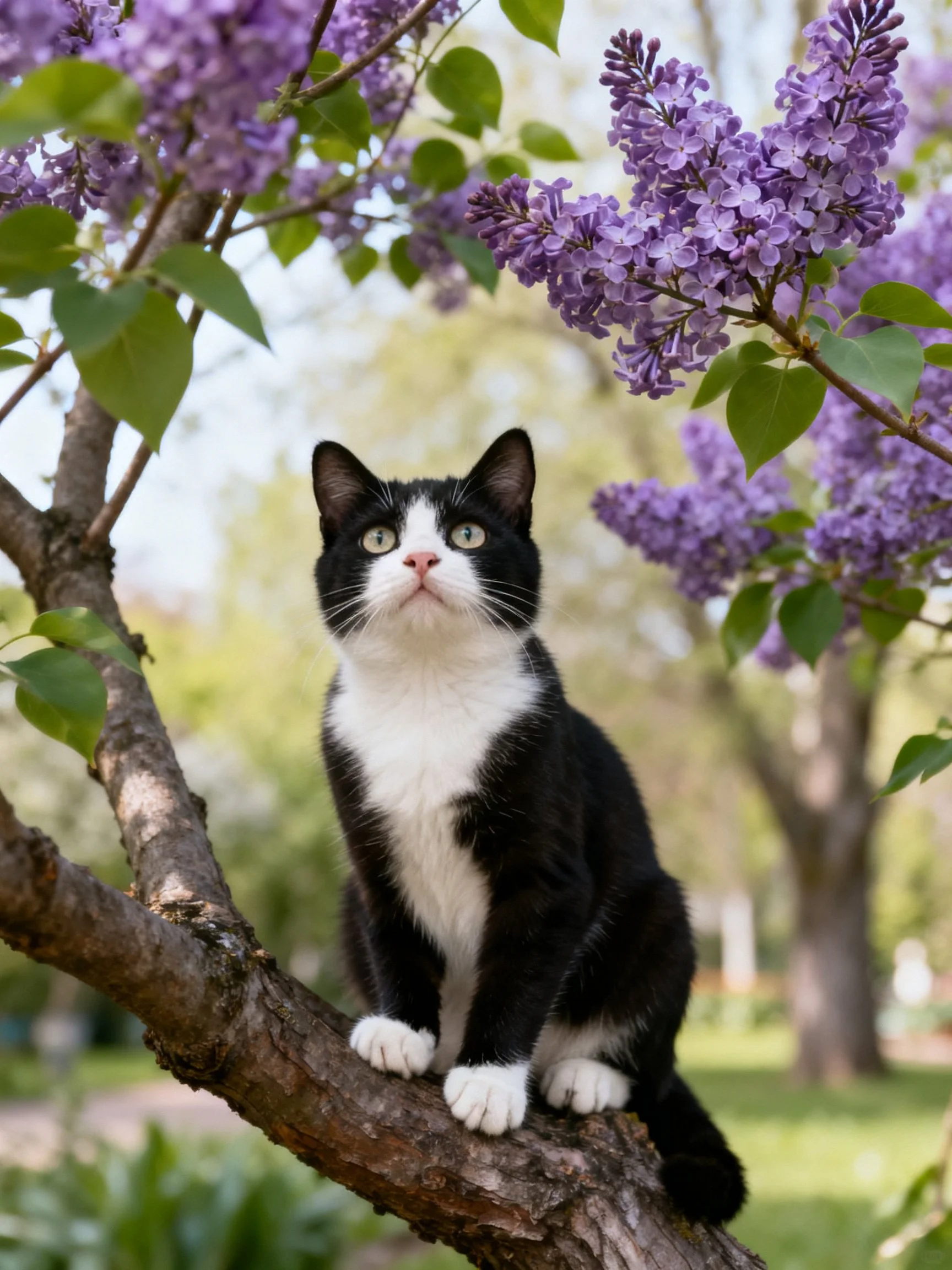 A black - and - white cat perched on a branch amid vibrant purple lilacs