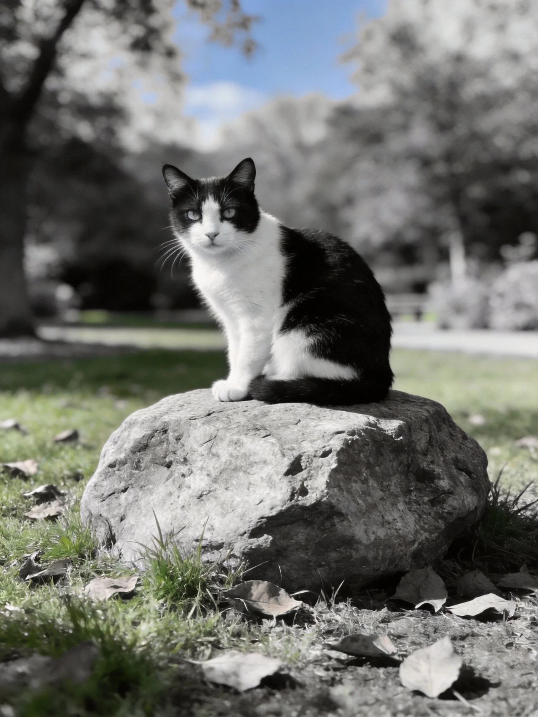 A black - and - white cat perched on a large stone in a park