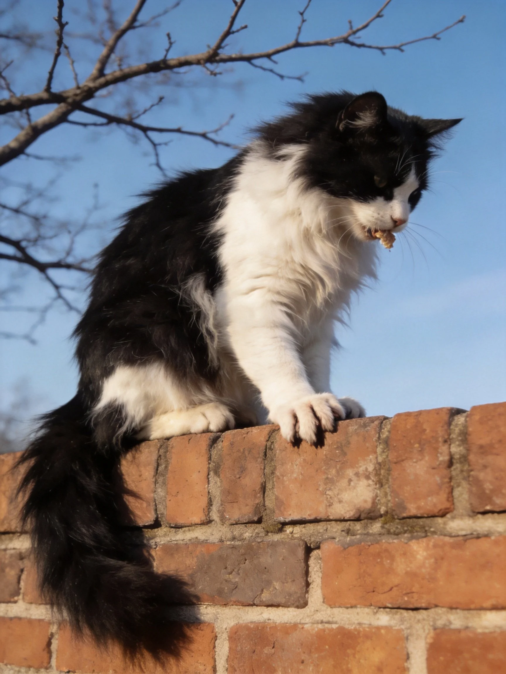 A black - and - white cat perched on a reddish brick wall