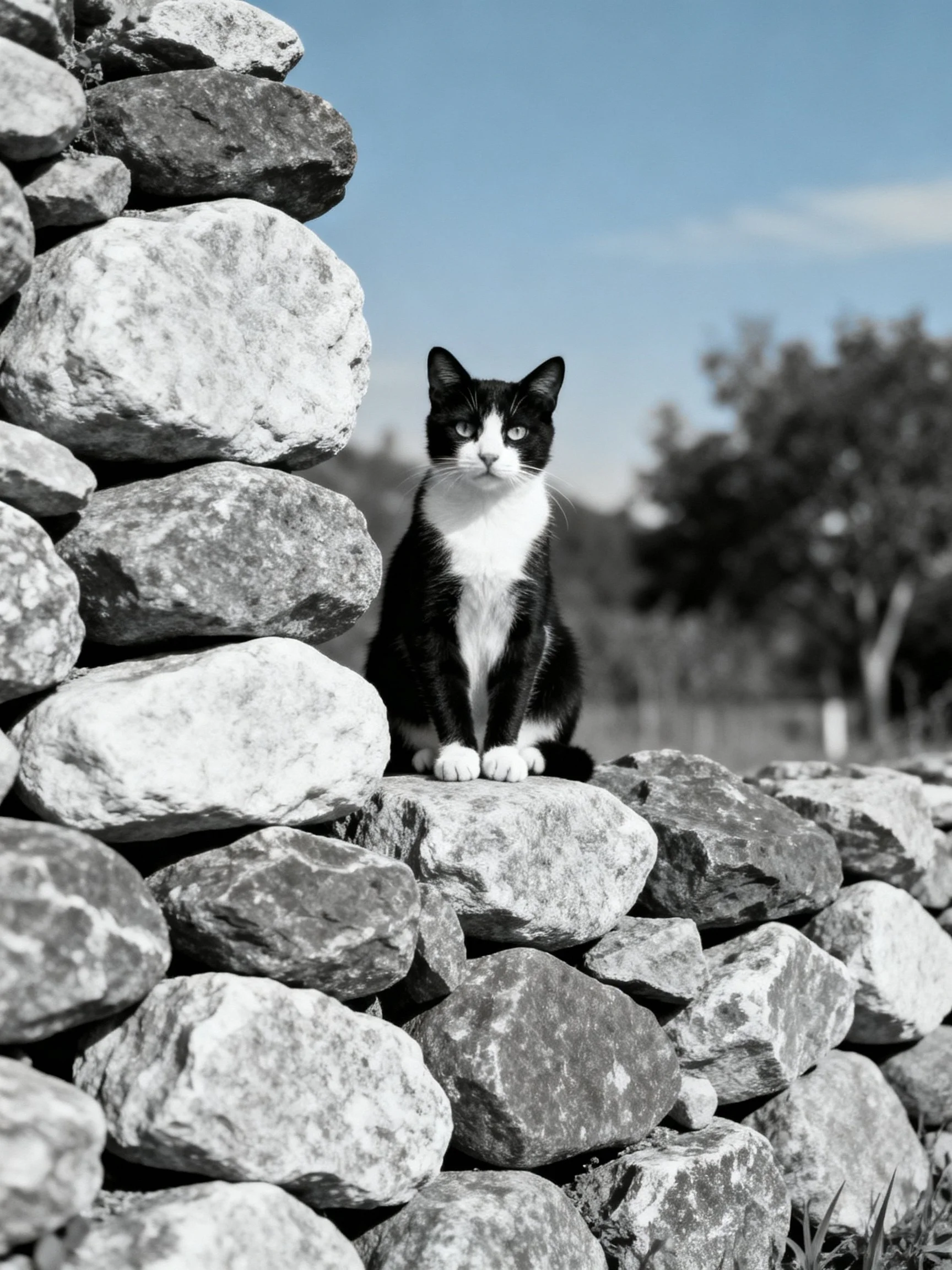 A black and white cat perched on a stacked stone wall