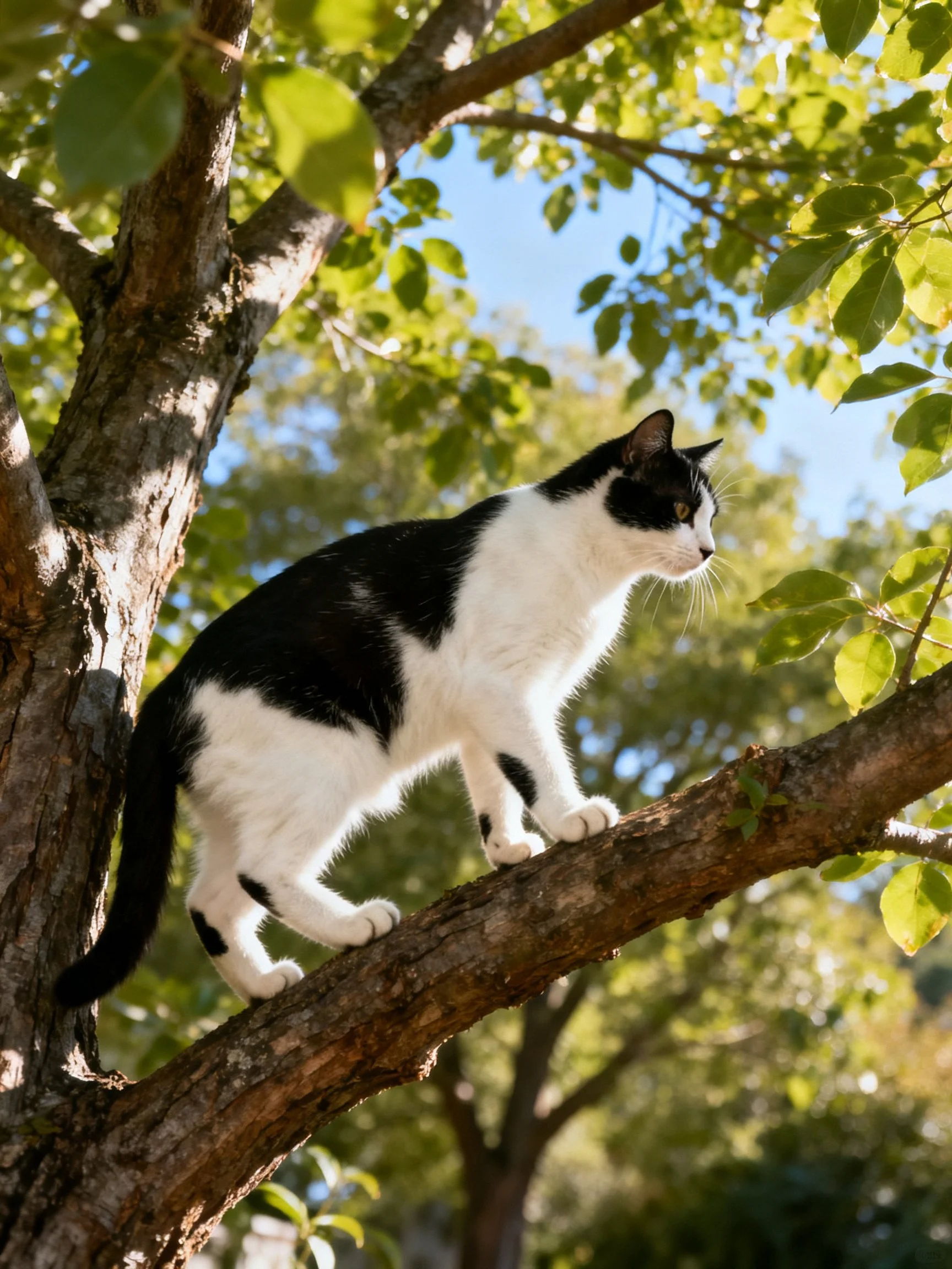 A black - and - white cat perched on a sturdy tree branch
