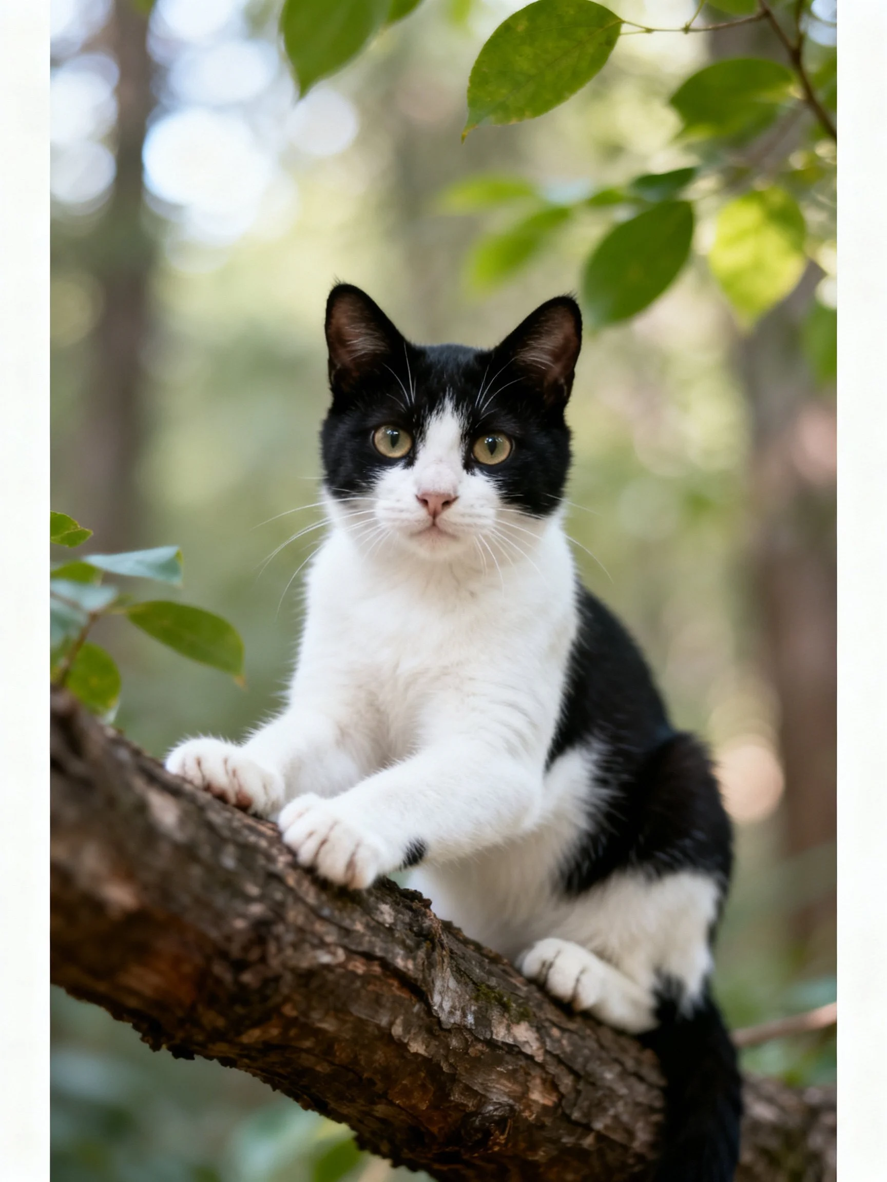 A black and white cat perched on a tree branch amid green foliage
