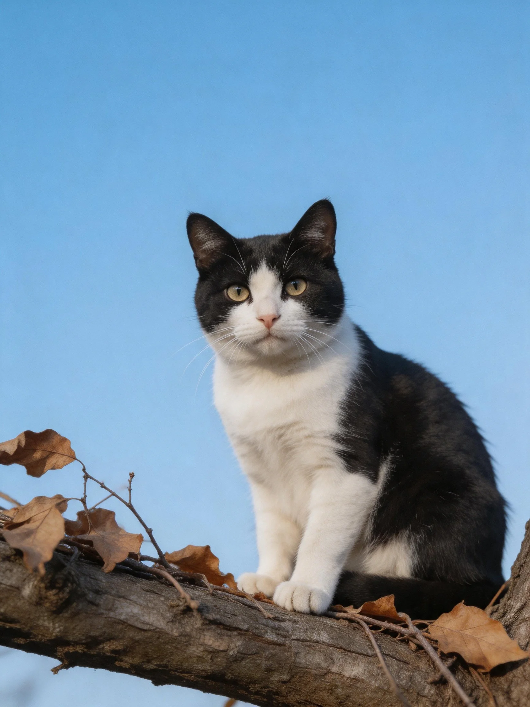 A black - and - white cat perched on a tree branch with dried leaves
