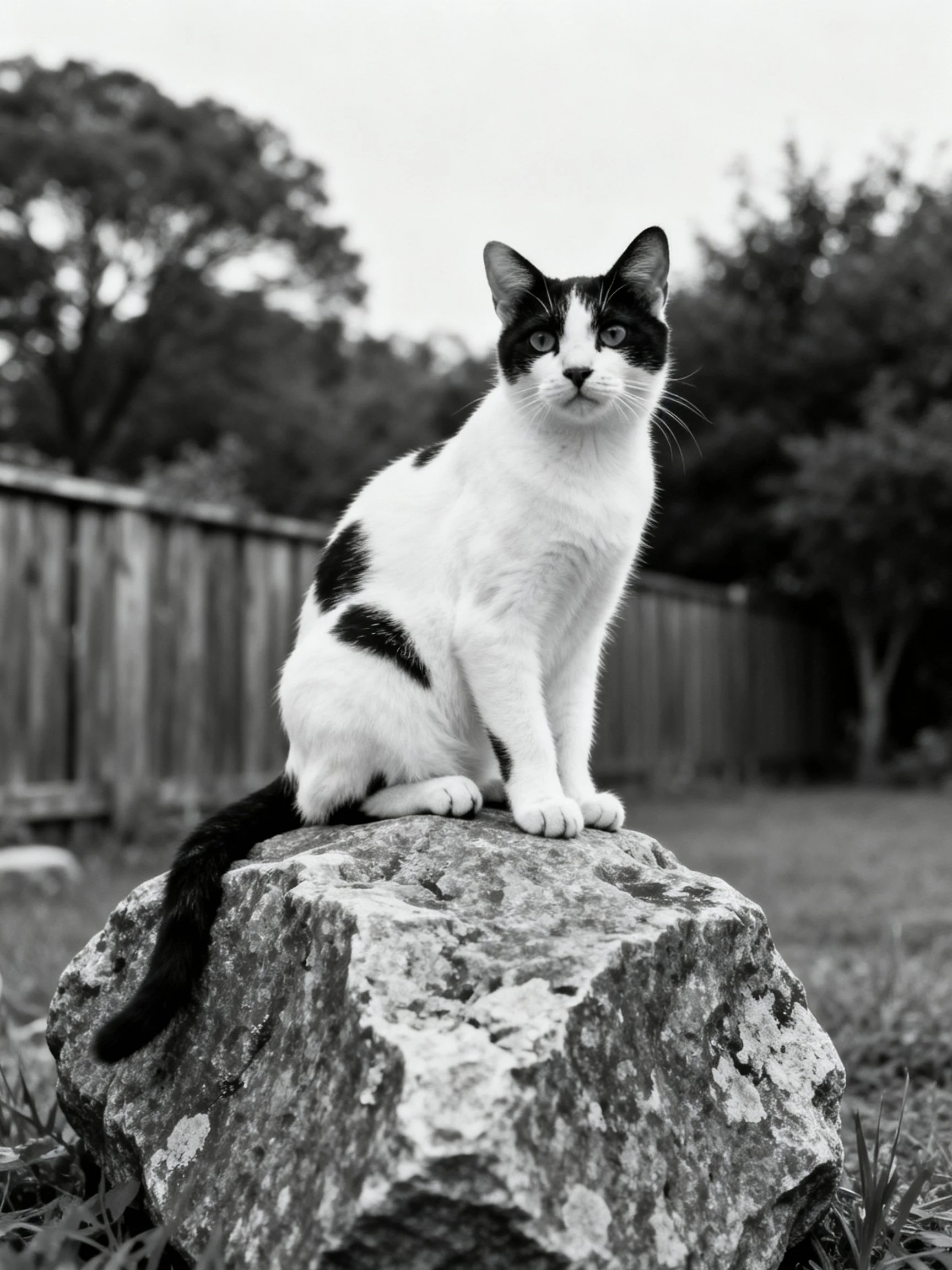 A black - and - white cat perched on a weathered stone near a wooden fence
