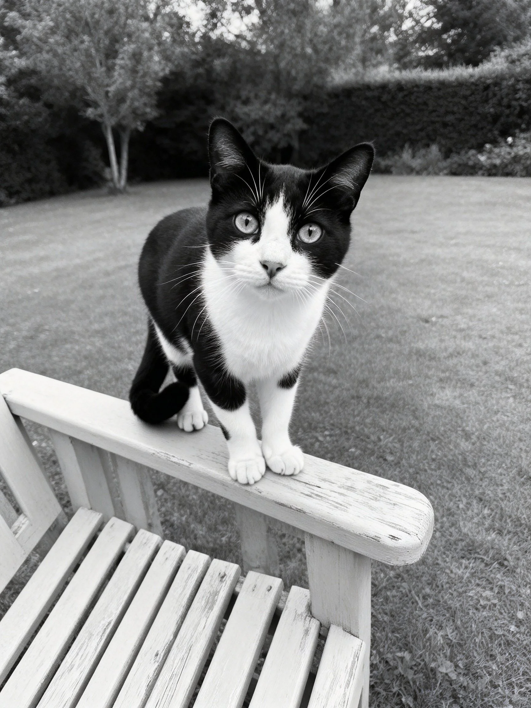 A black - and - white cat perched on a wooden bench in a garden
