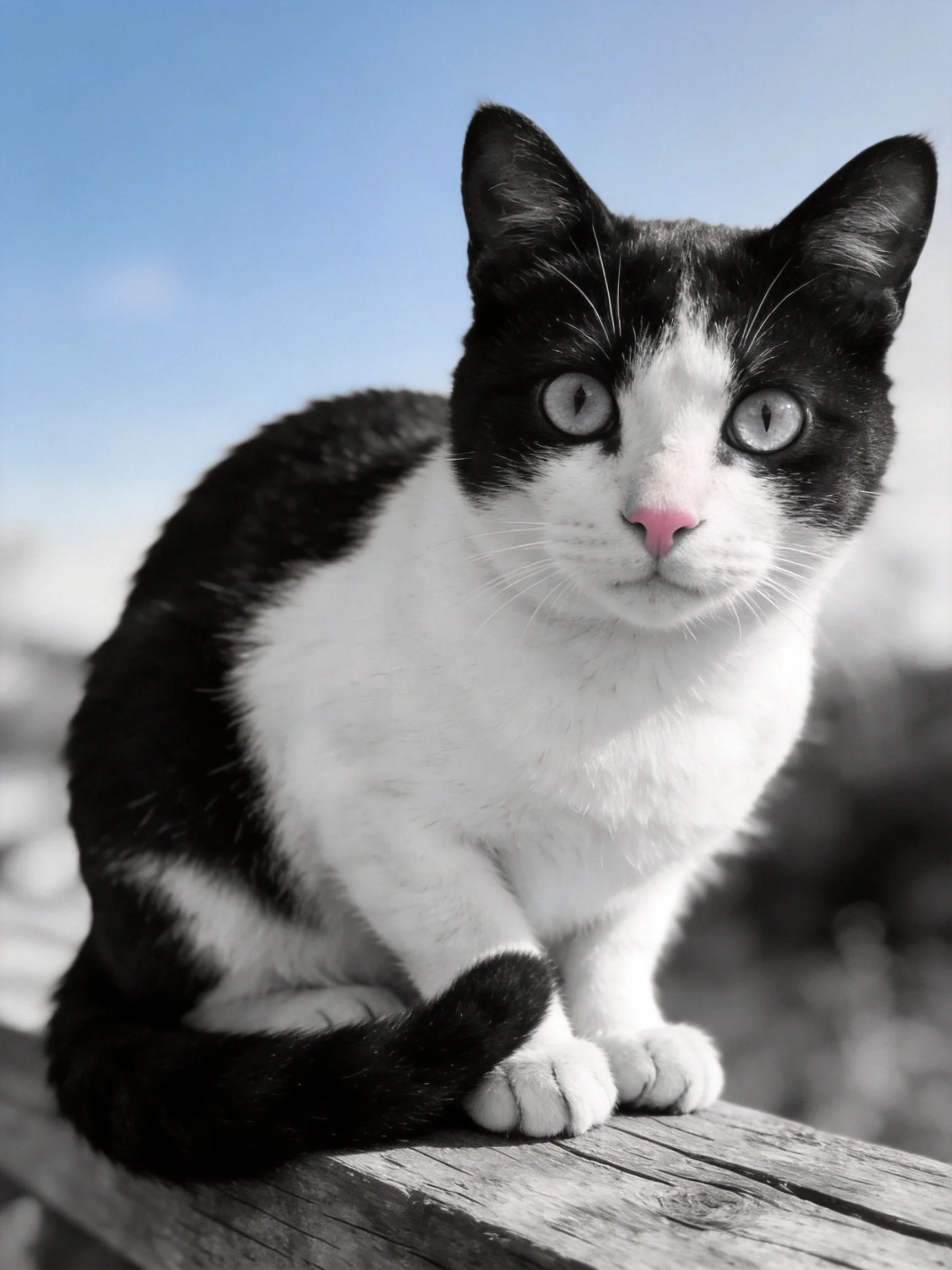A black and white cat perched on a wooden surface against a clear blue sky