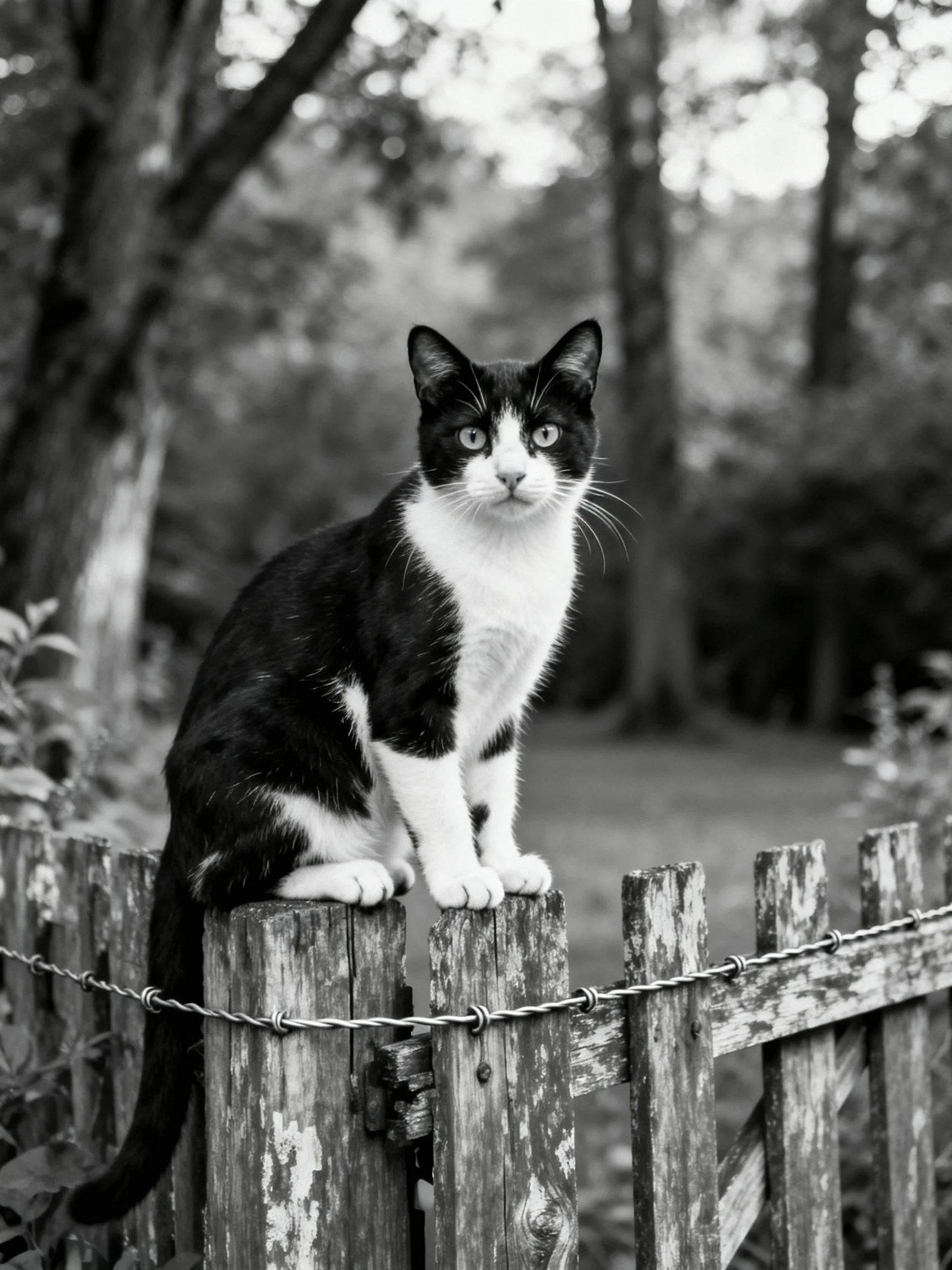 A black and white cat perched on an aged wooden fence