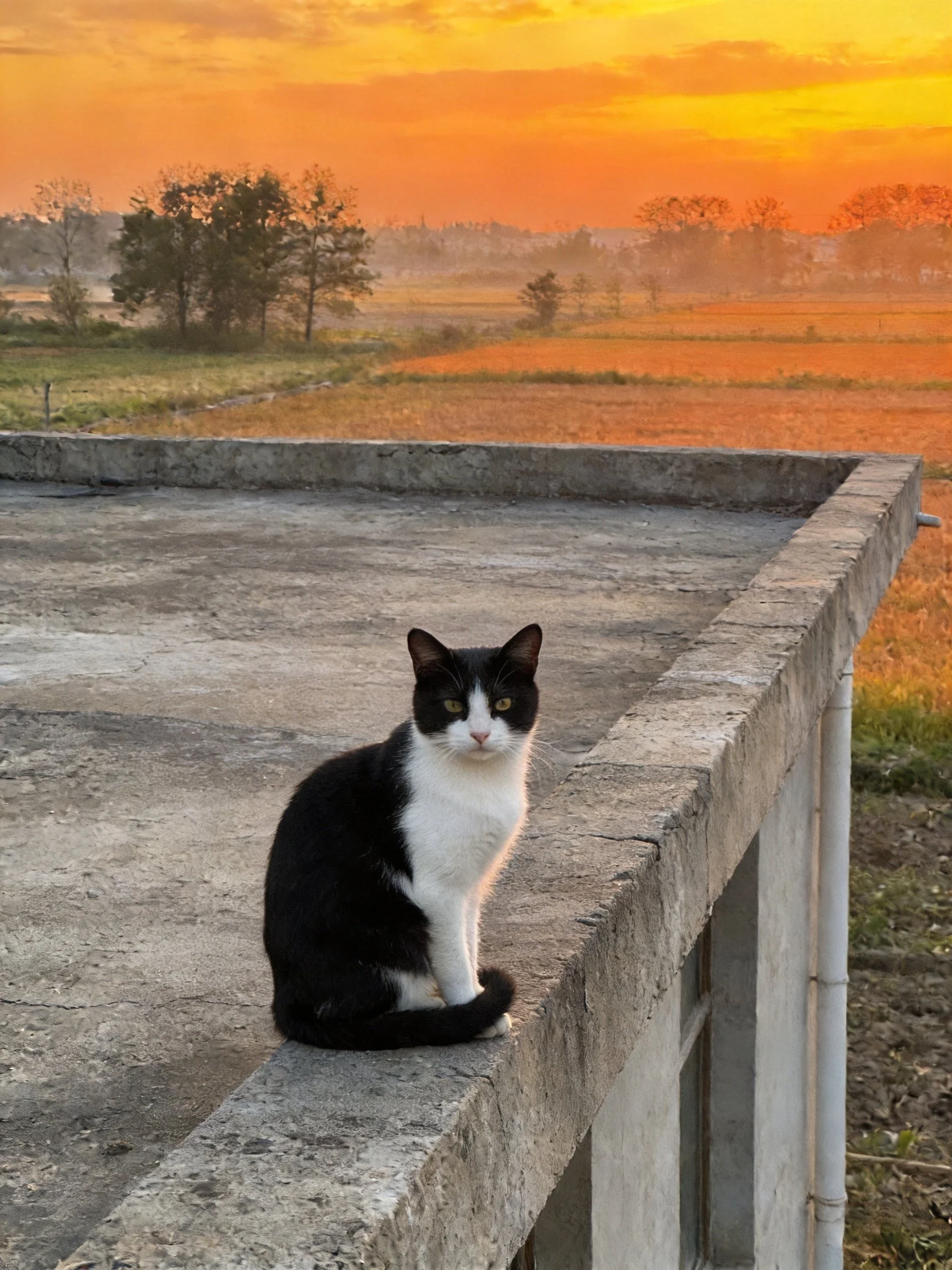 A black - and - white cat perches on a weathered concrete ledge under a golden sunset