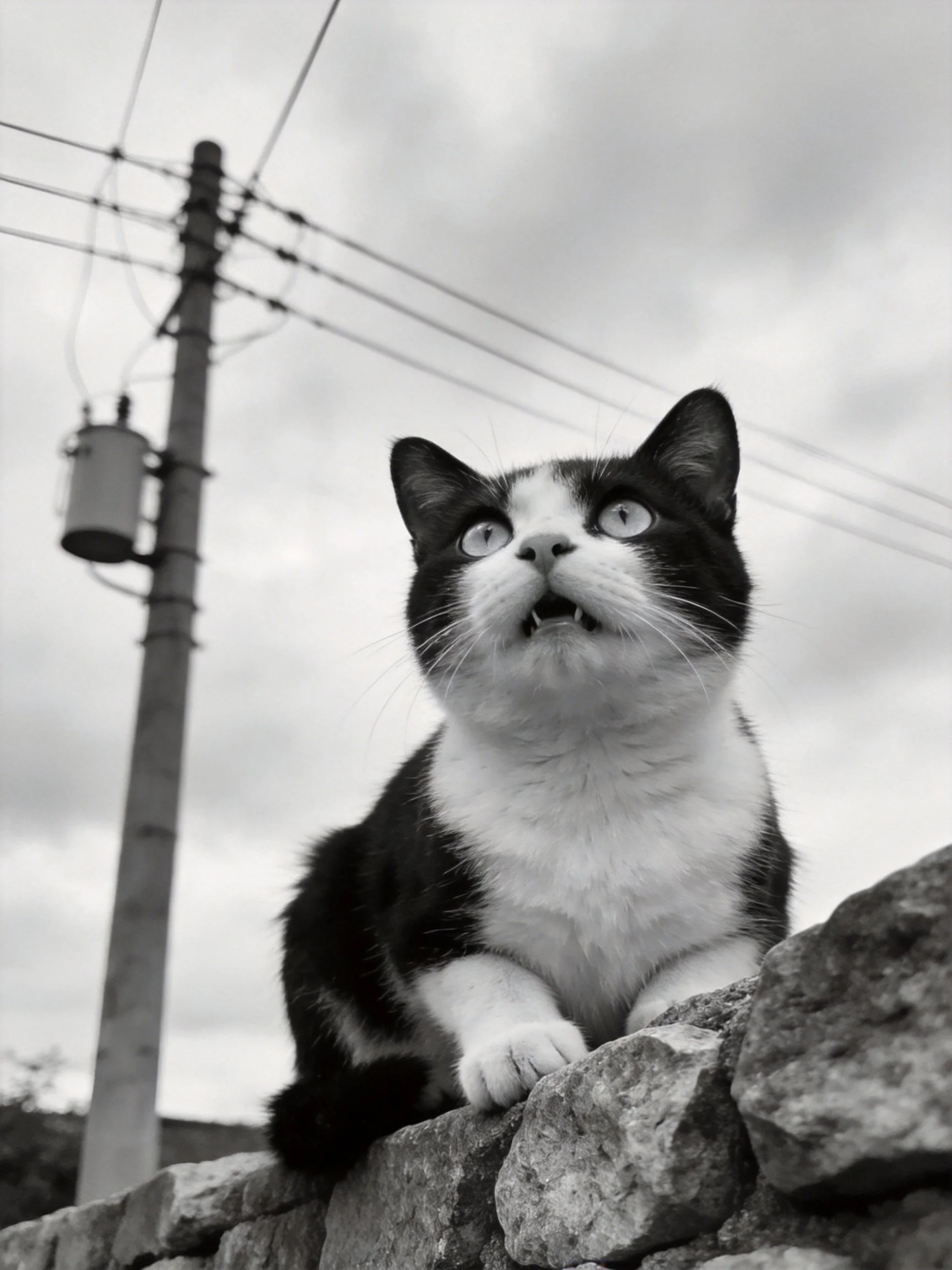 A black - and - white cat perches on stones near power lines