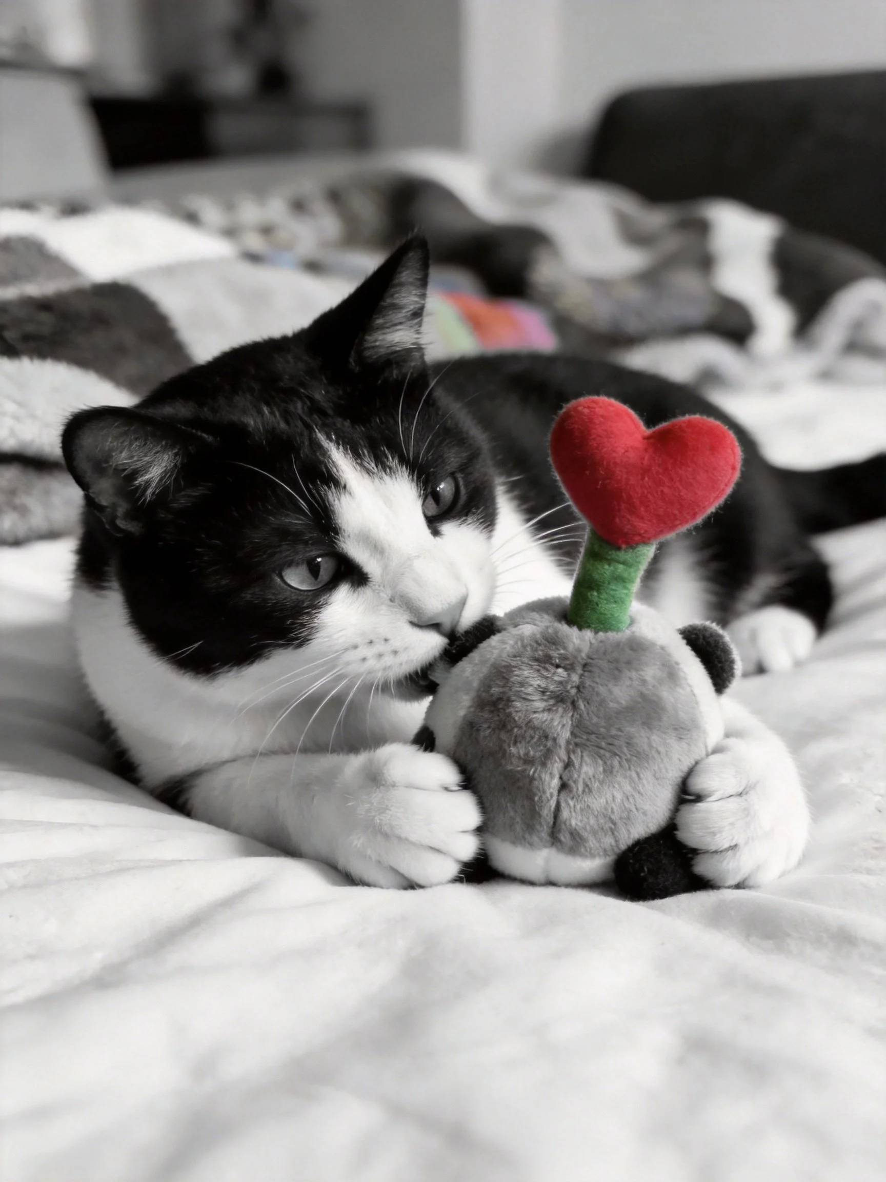 A black - and - white cat plays with a gray plush toy featuring a red heart