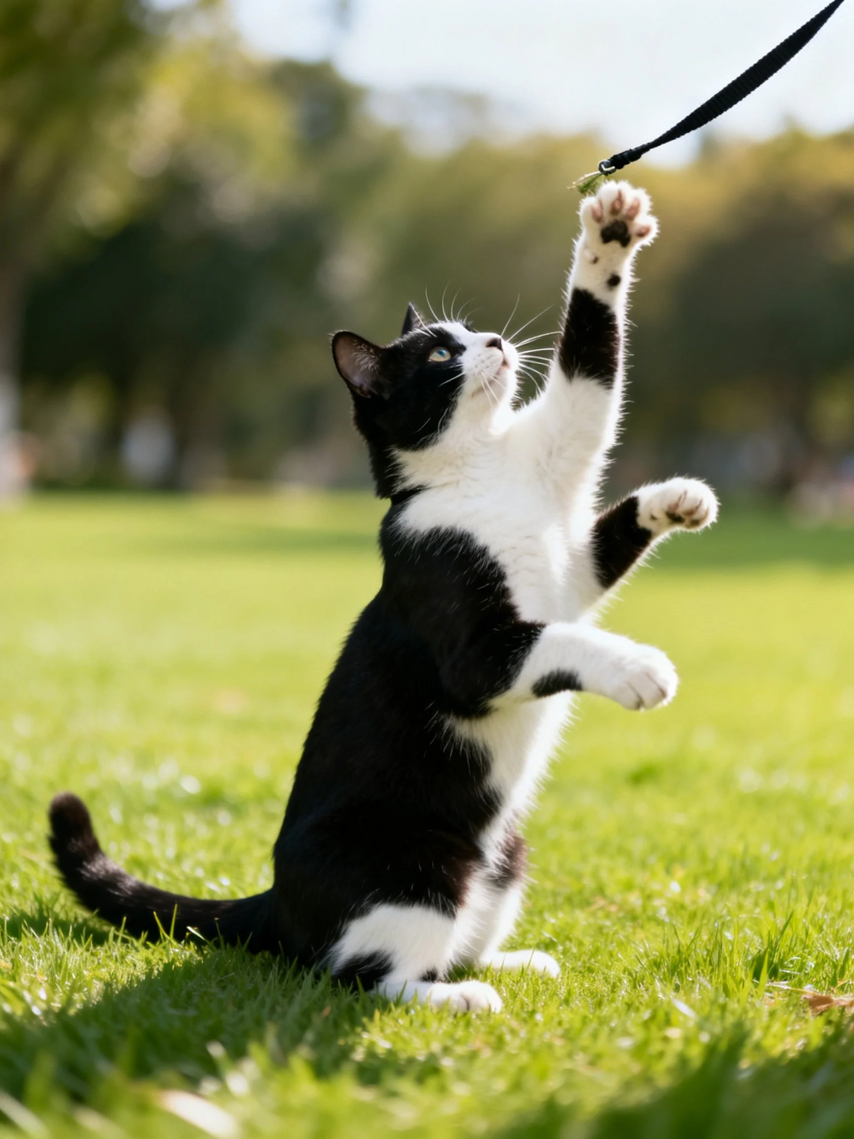 A black and white cat reaches for a leash on a sunny lawn