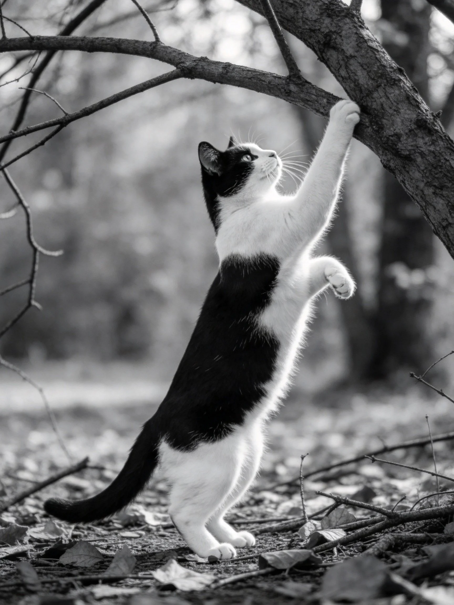 A black - and - white cat reaches for a tree branch outdoors