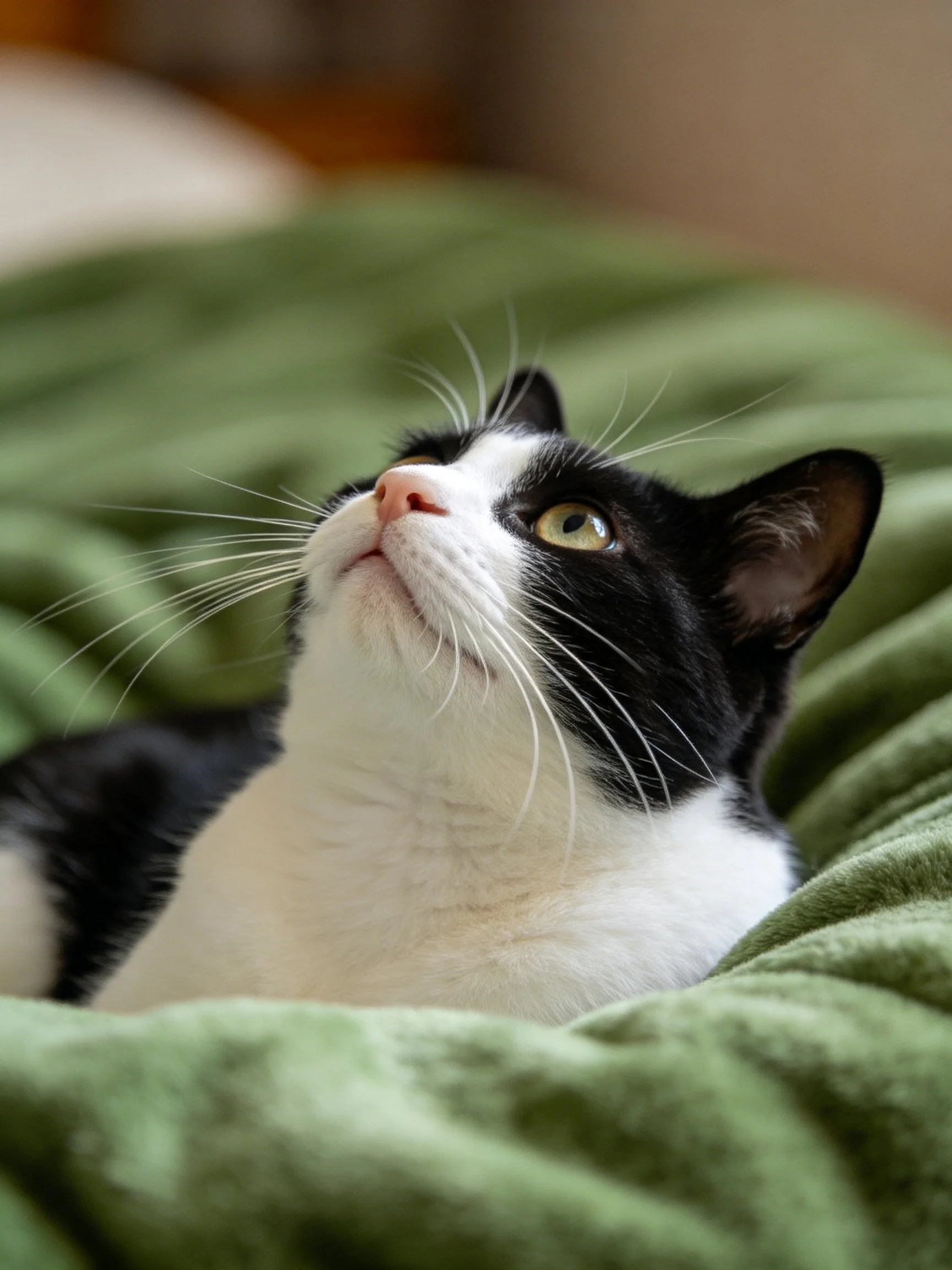 A black and white cat reclines on a soft green blanket
