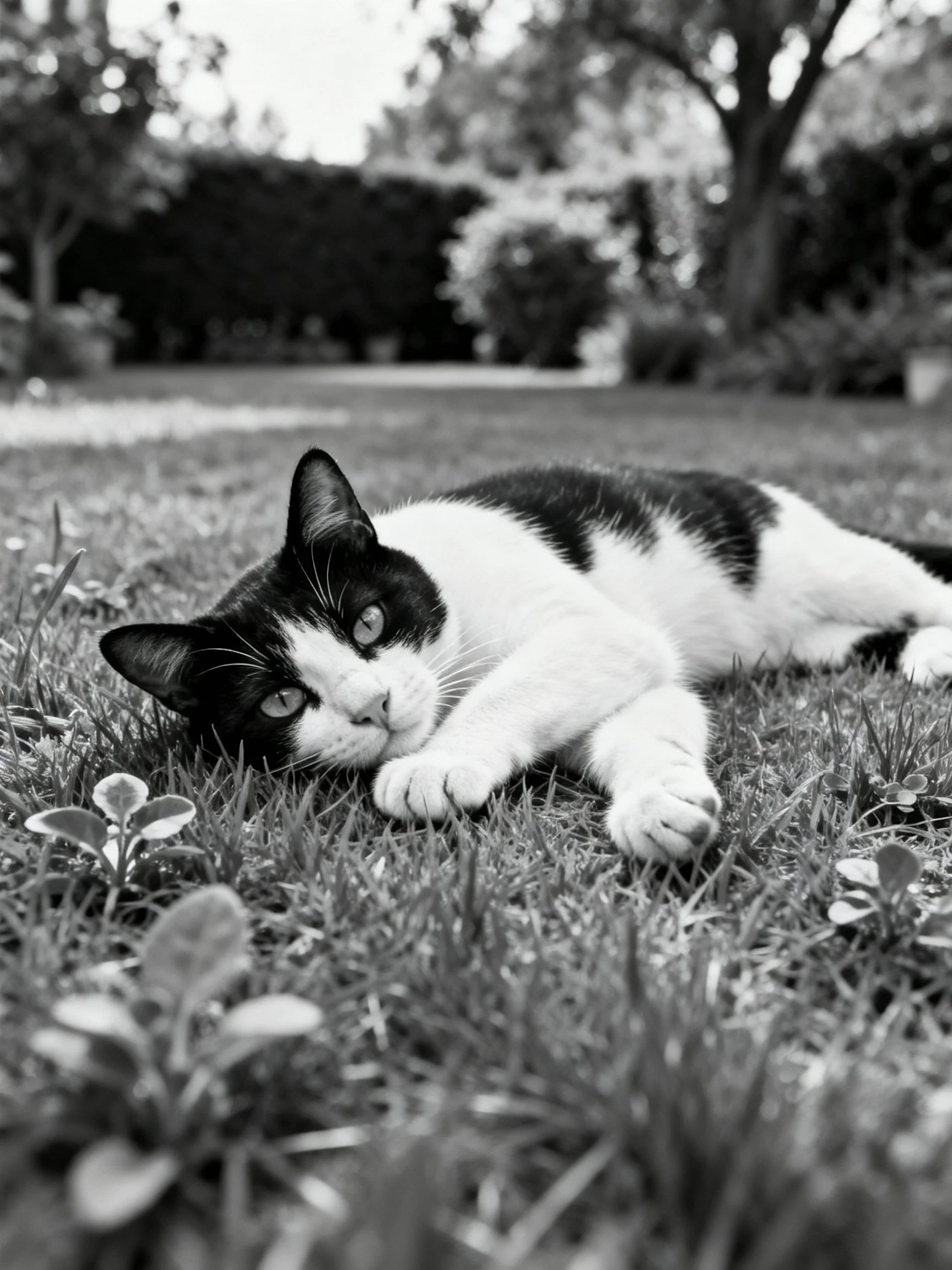 A black - and - white cat relaxes on a grassy field