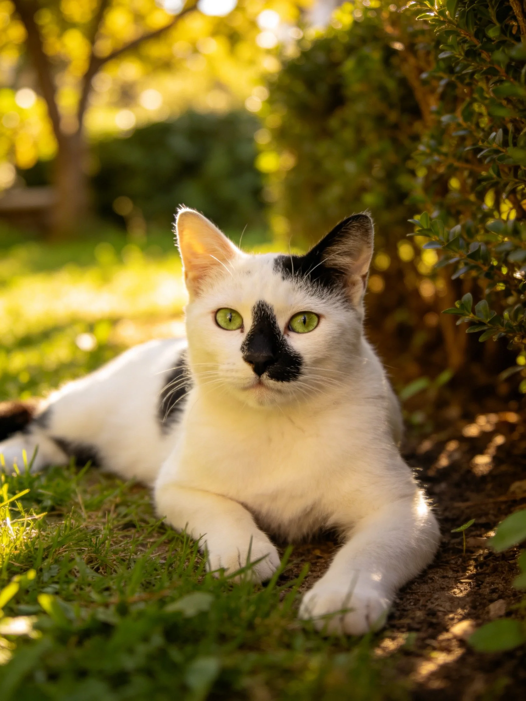 A black-and-white cat relaxes on grass near sunlit bushes