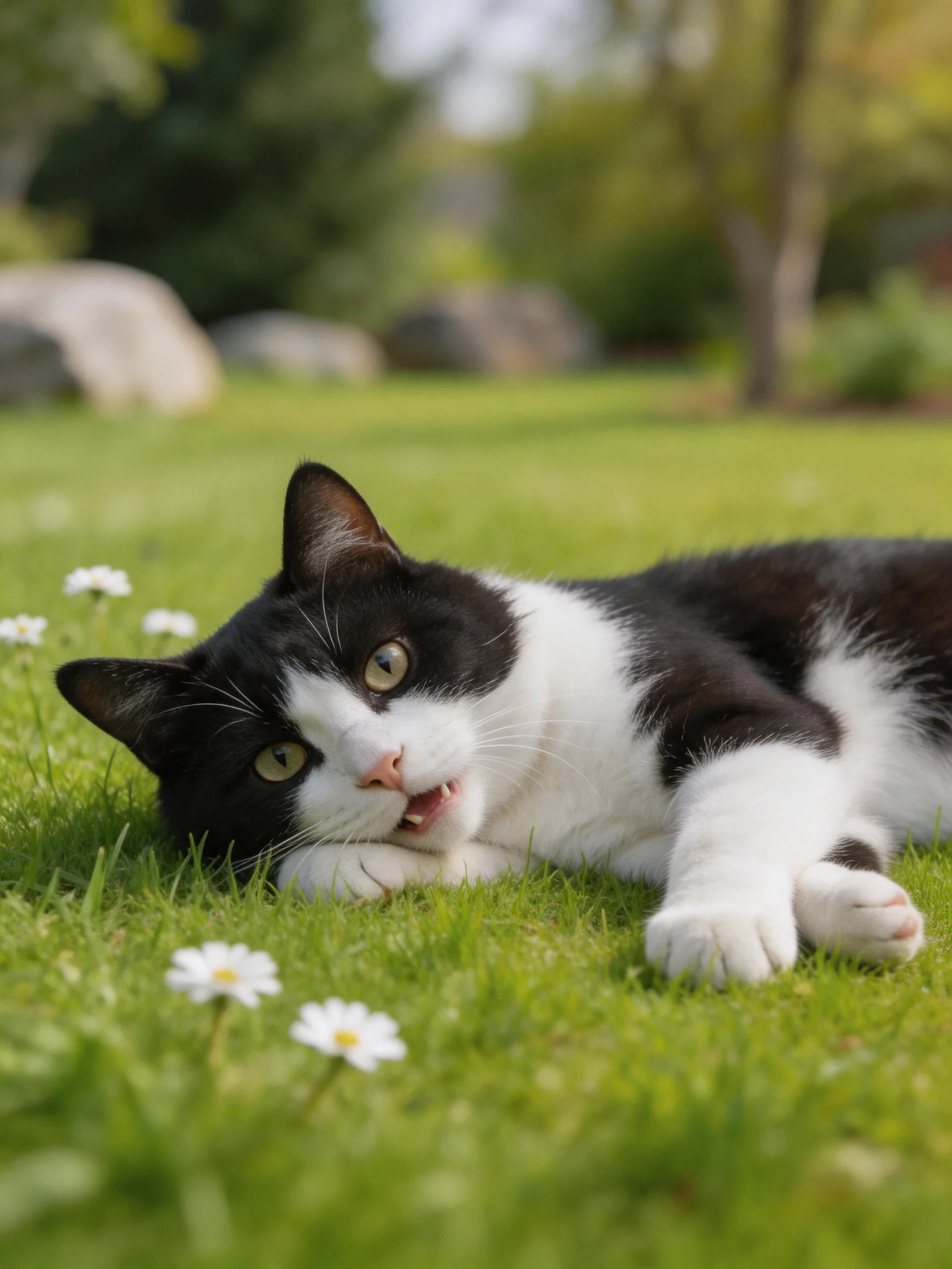 A black-and-white cat relaxes on green grass near daisies