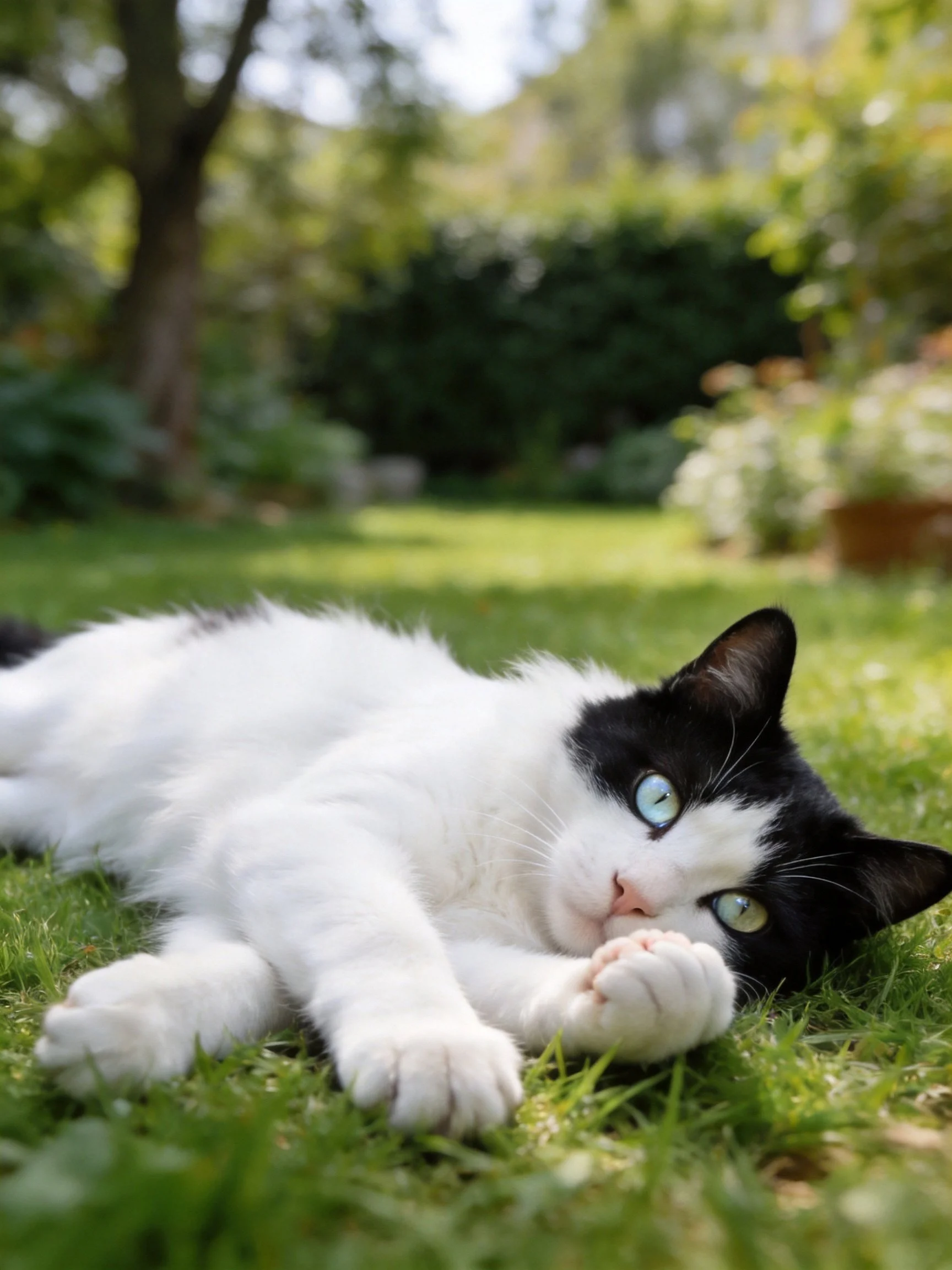 A black and white cat relaxes on lush green grass in a sunlit garden
