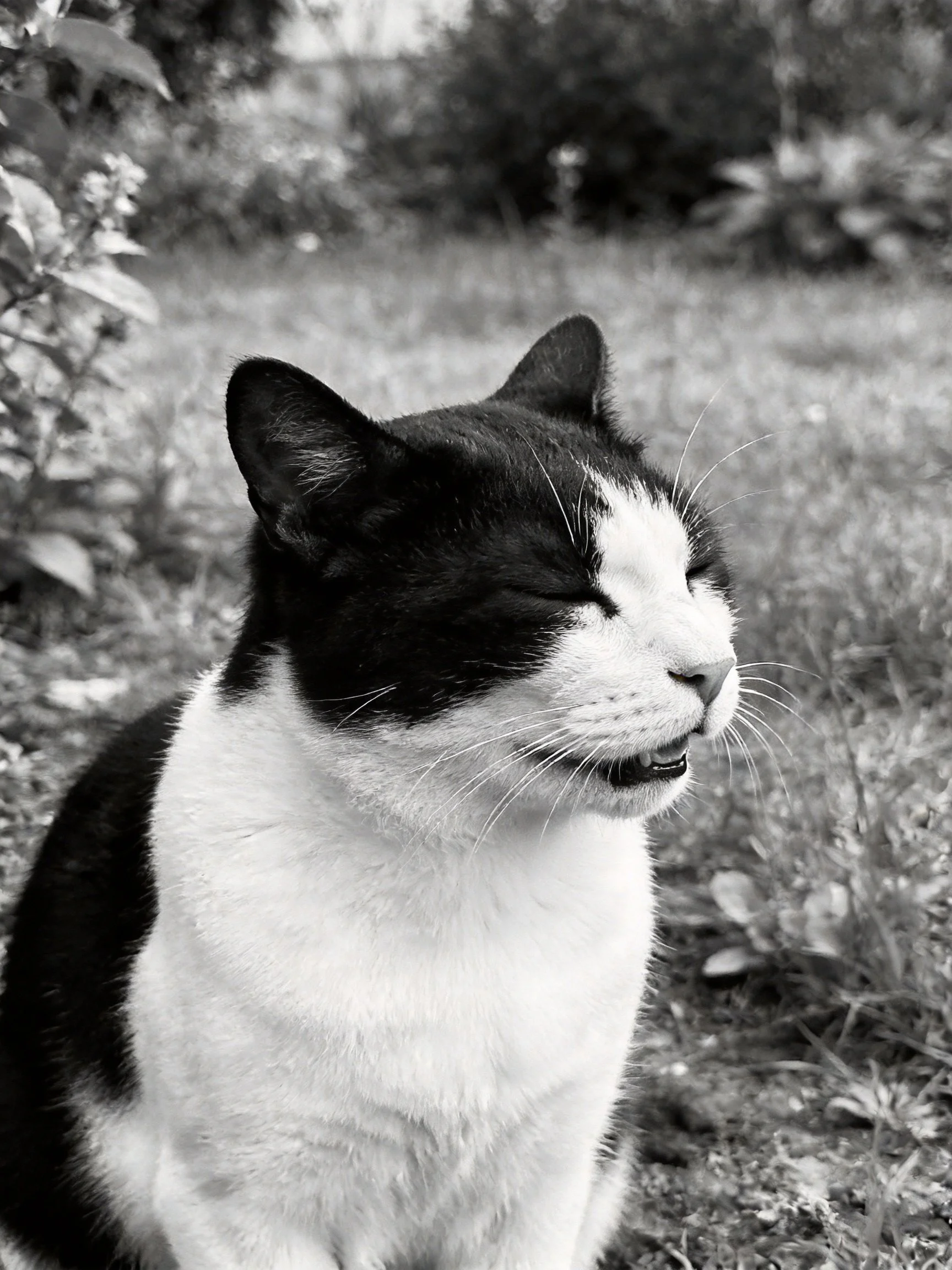 A black and white cat resting in a grassy outdoor space