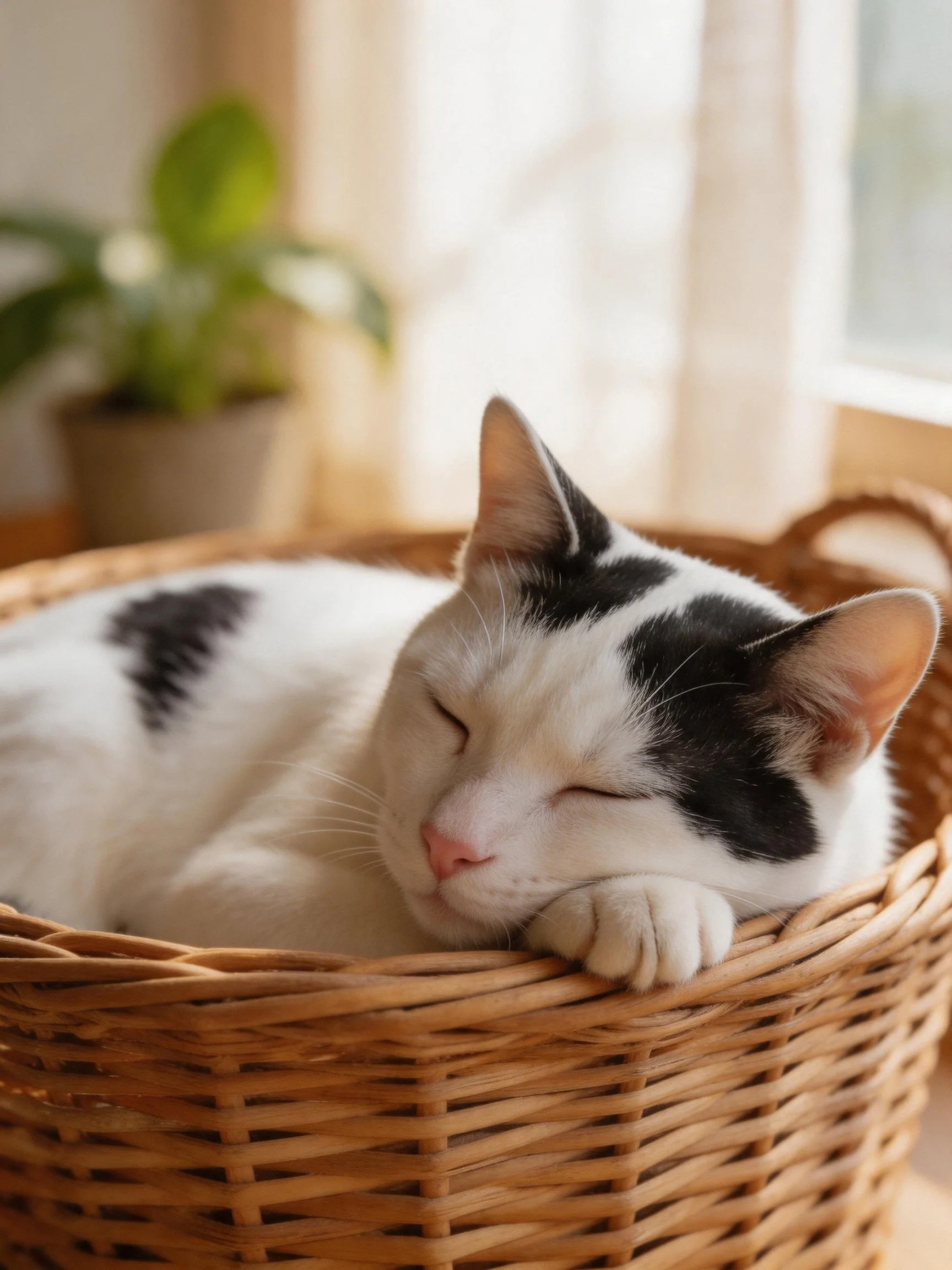A black - and - white cat resting in a wicker basket by a sunlit window
