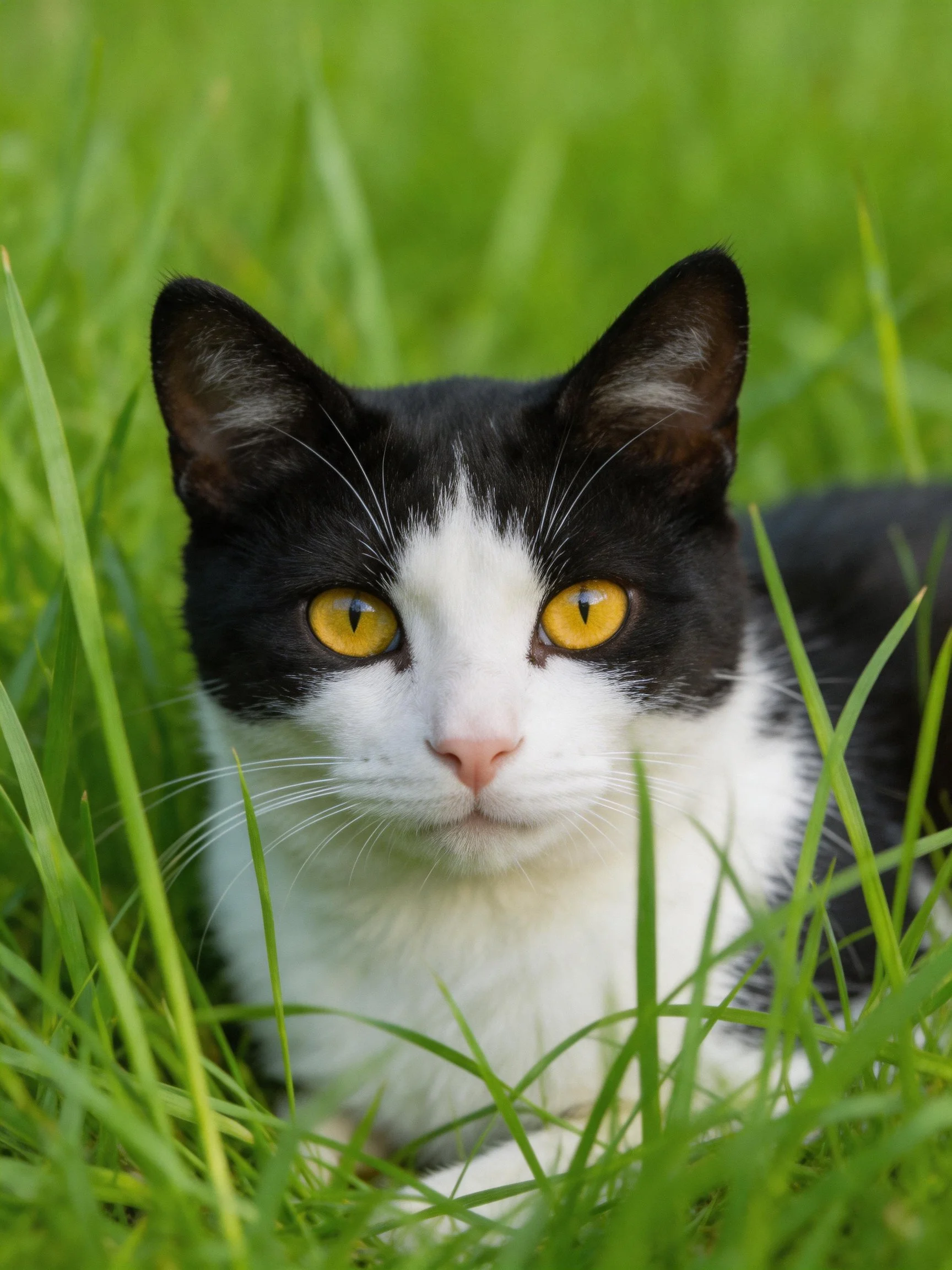 A black and white cat resting in lush green grass