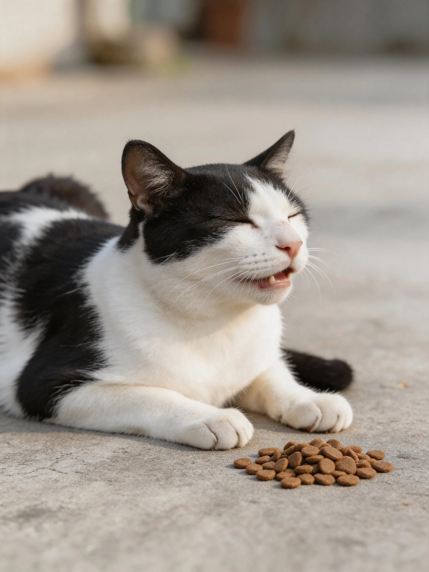 A black - and - white cat resting near brown pet food outdoors