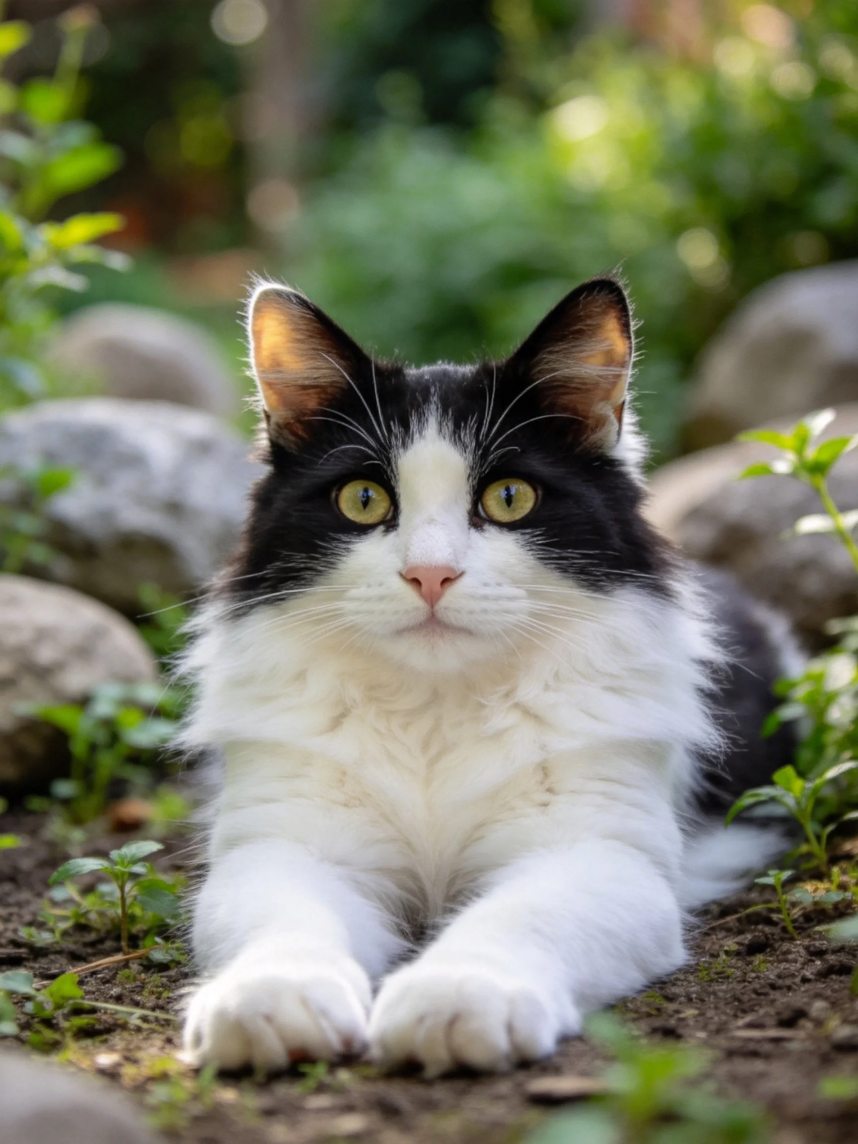 A black and white cat relaxes peacefully near rocks and greenery in an outdoor setting.