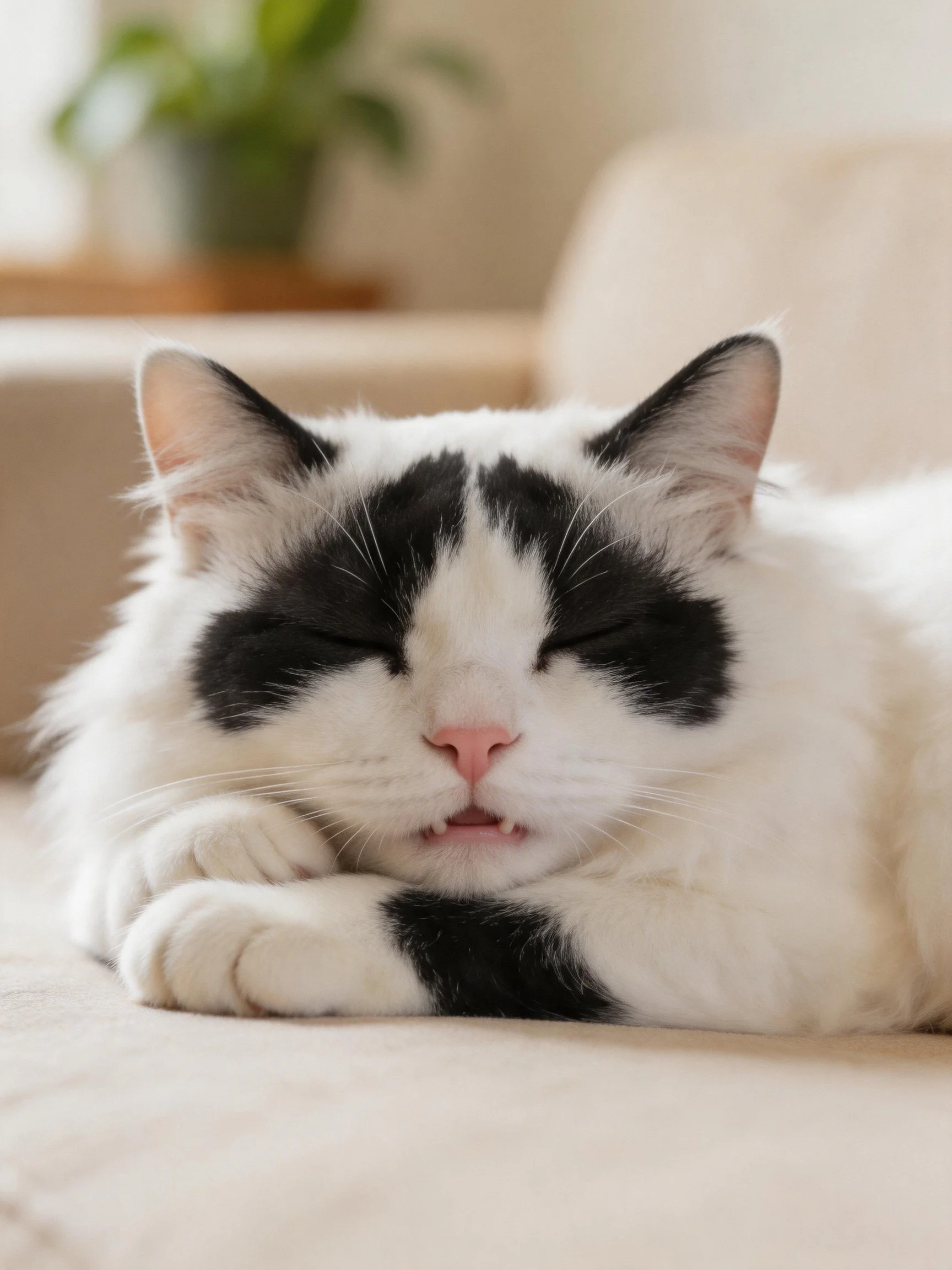 A black - and - white cat resting on a beige sofa