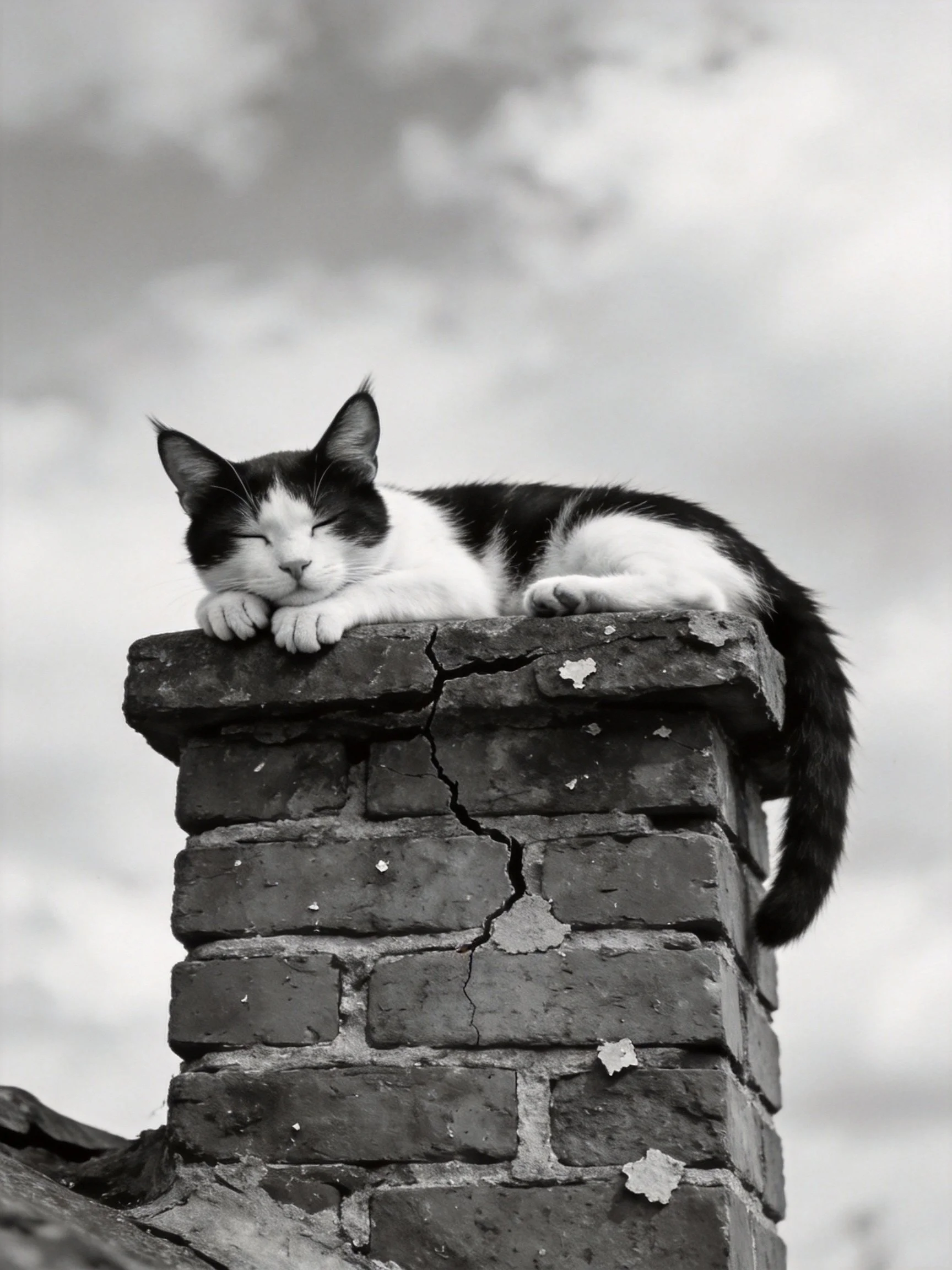 A black - and - white cat resting on a cracked brick chimney