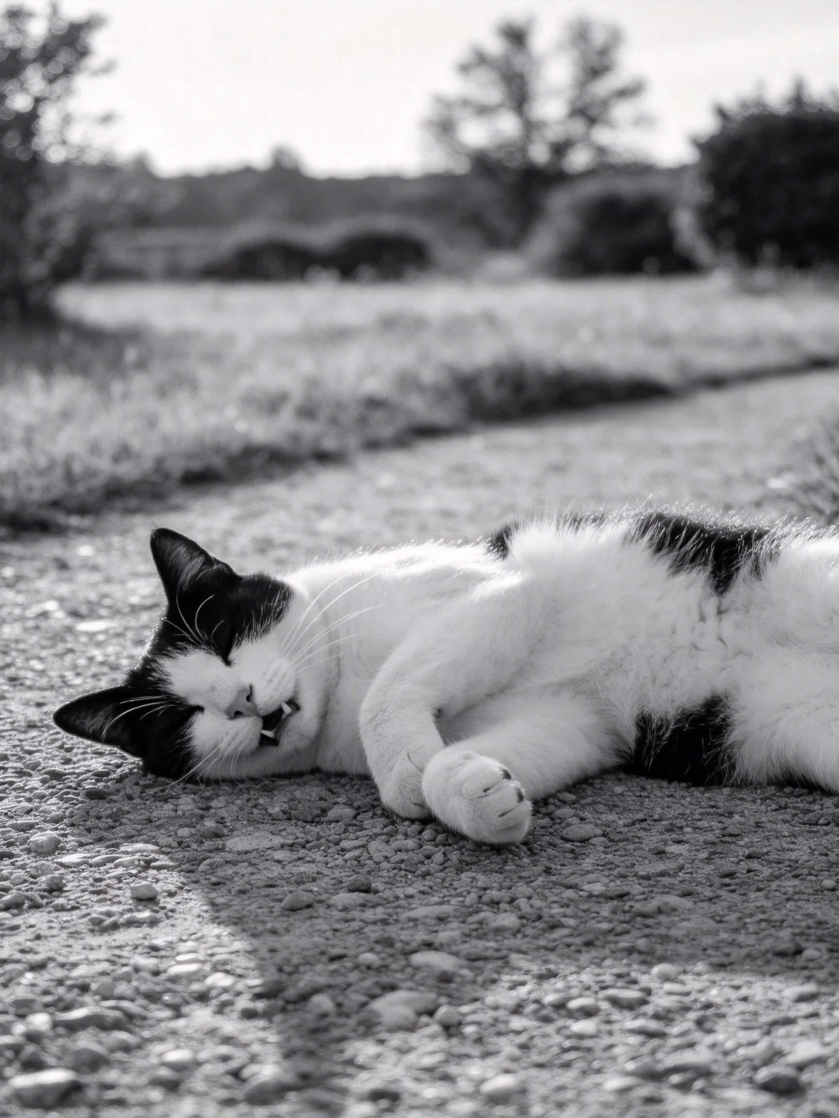 A black - and - white cat resting on a gravel pathoutdoors