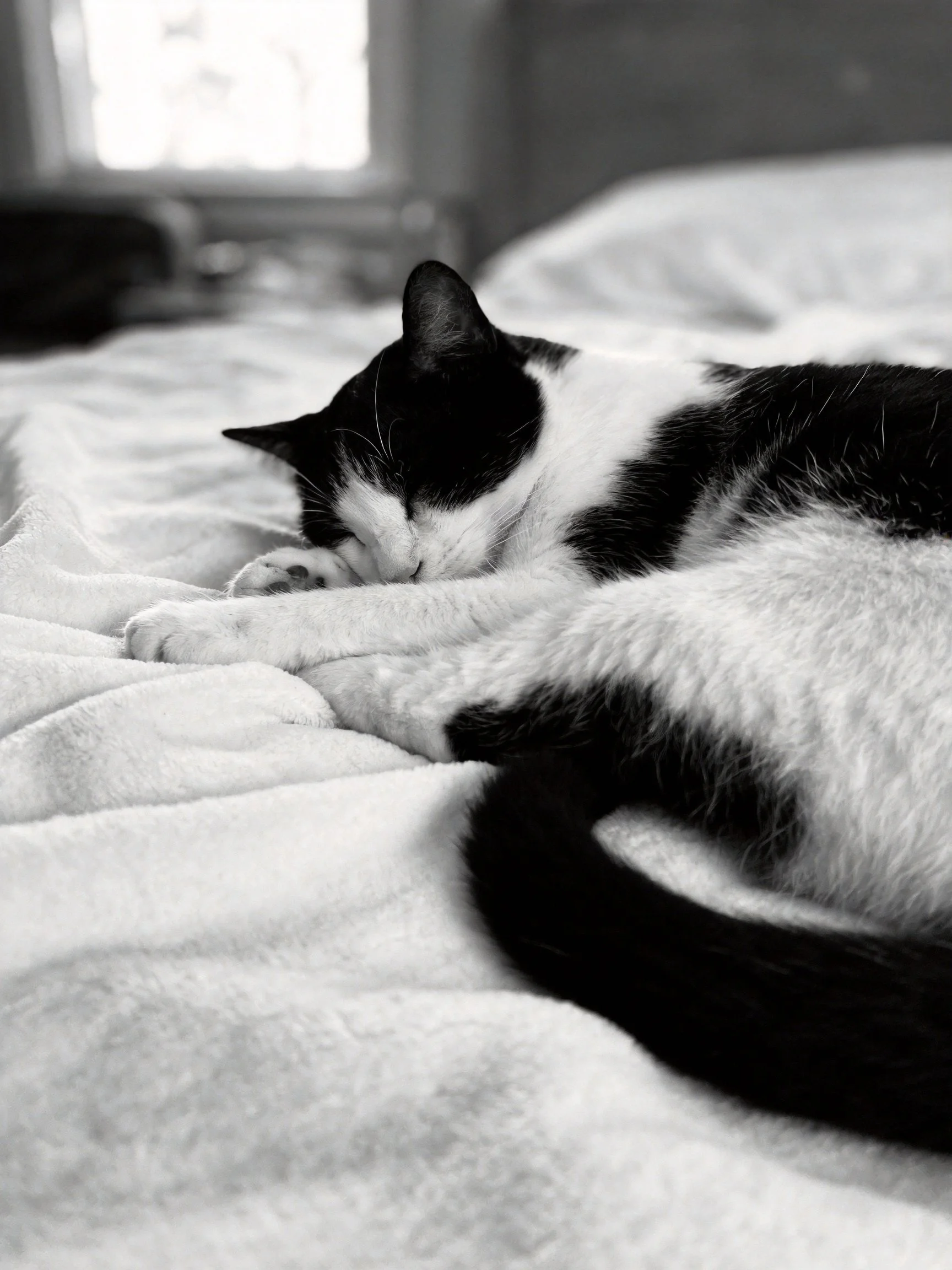 A black and white cat resting on a plush bedspread
