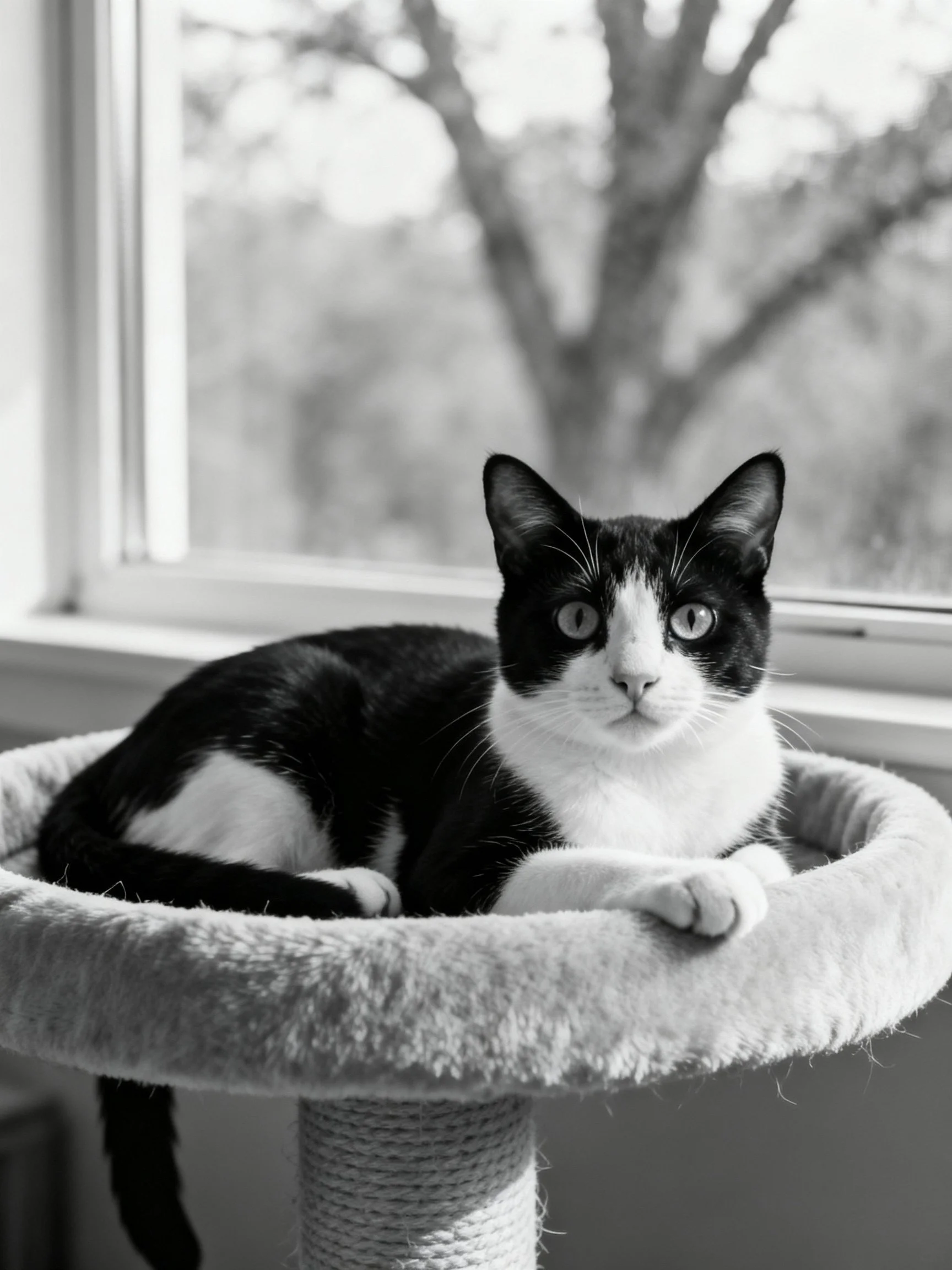 A black and white cat resting on a plush cat tree by a window