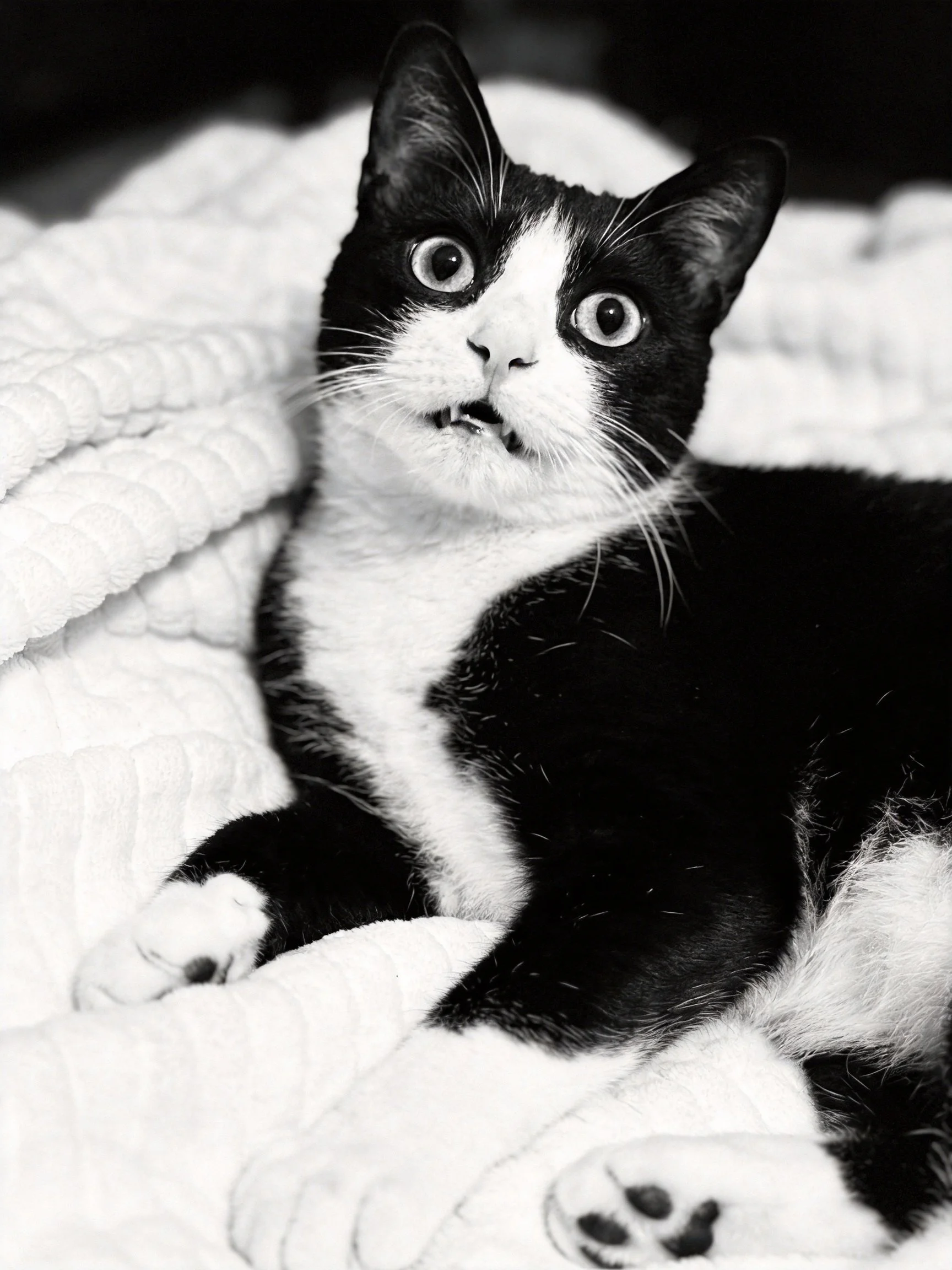 A black - and - white cat resting on a plush quilted blanket