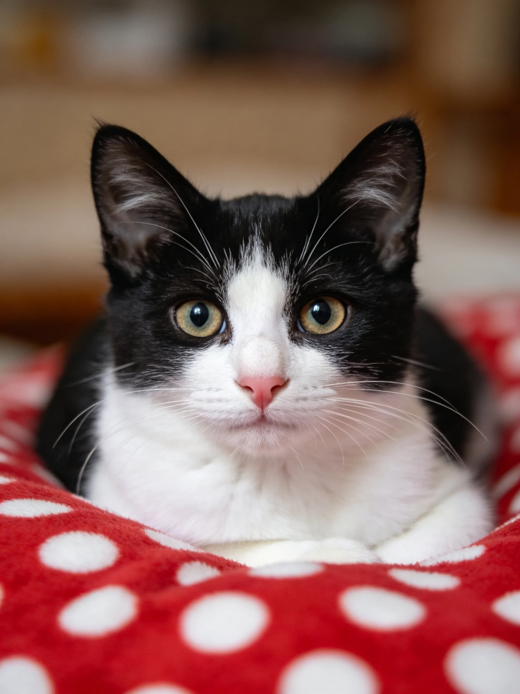 A black and white cat resting on a red polka - dotted blanket