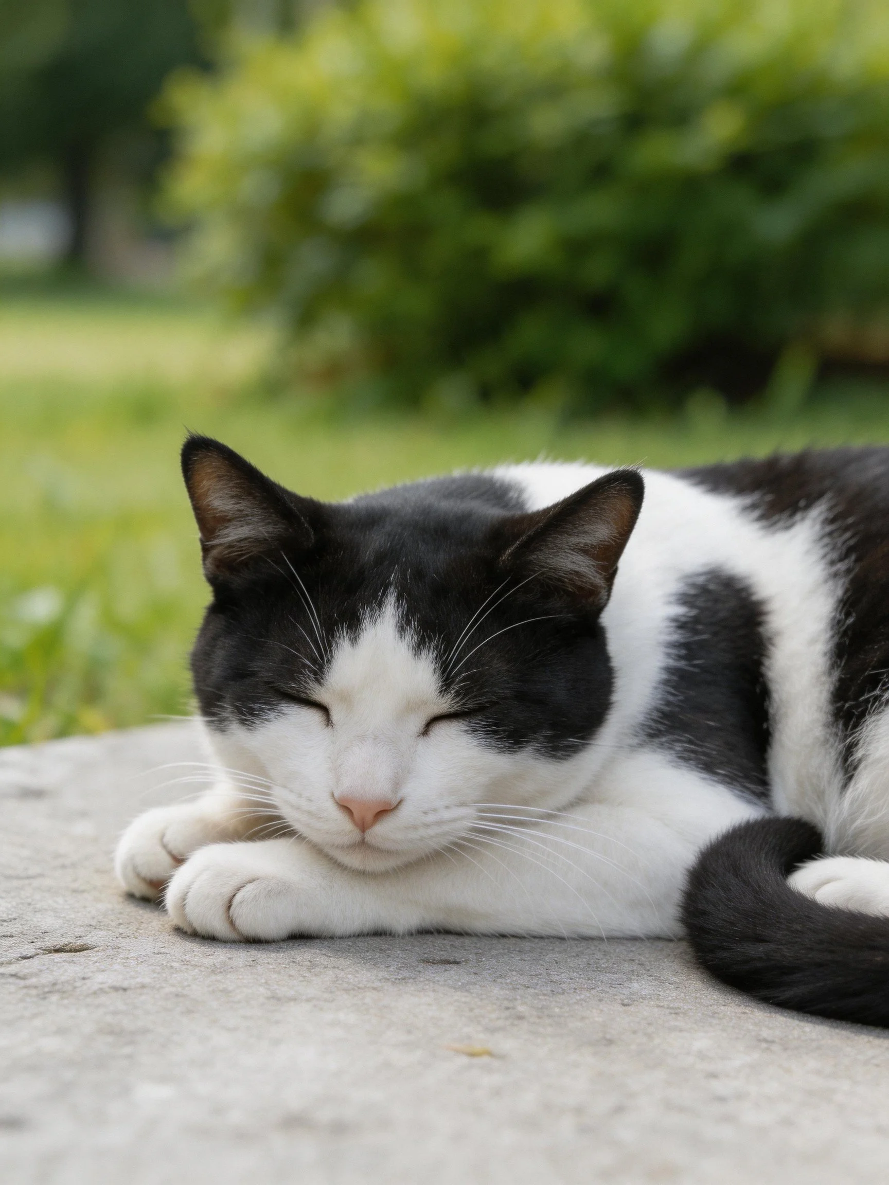 A black and white cat resting on a stone surface amid greenery