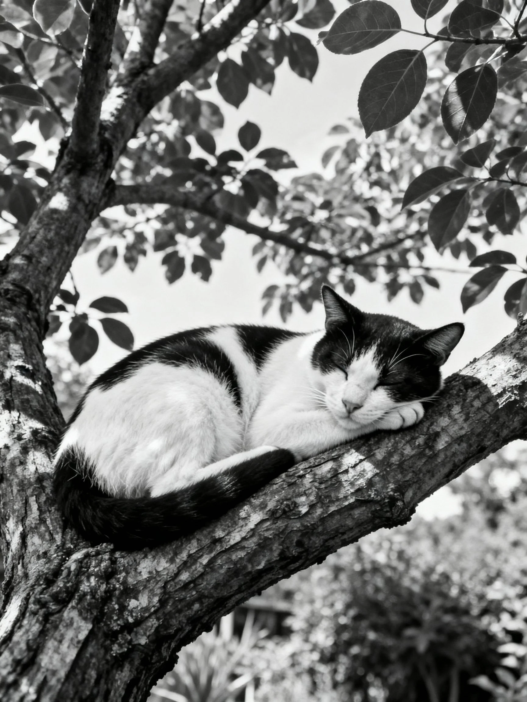 A black - and - white cat resting on a thick tree branch