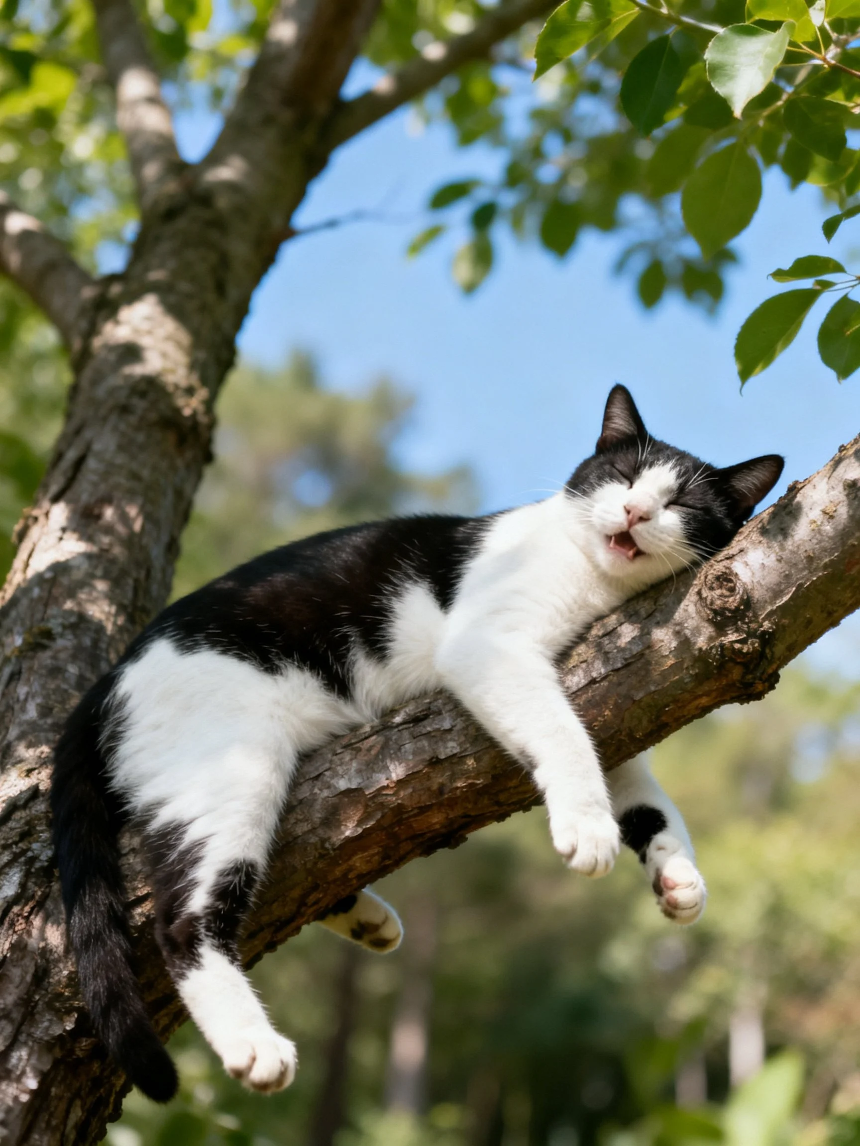 A black and white cat naps on a tree branch