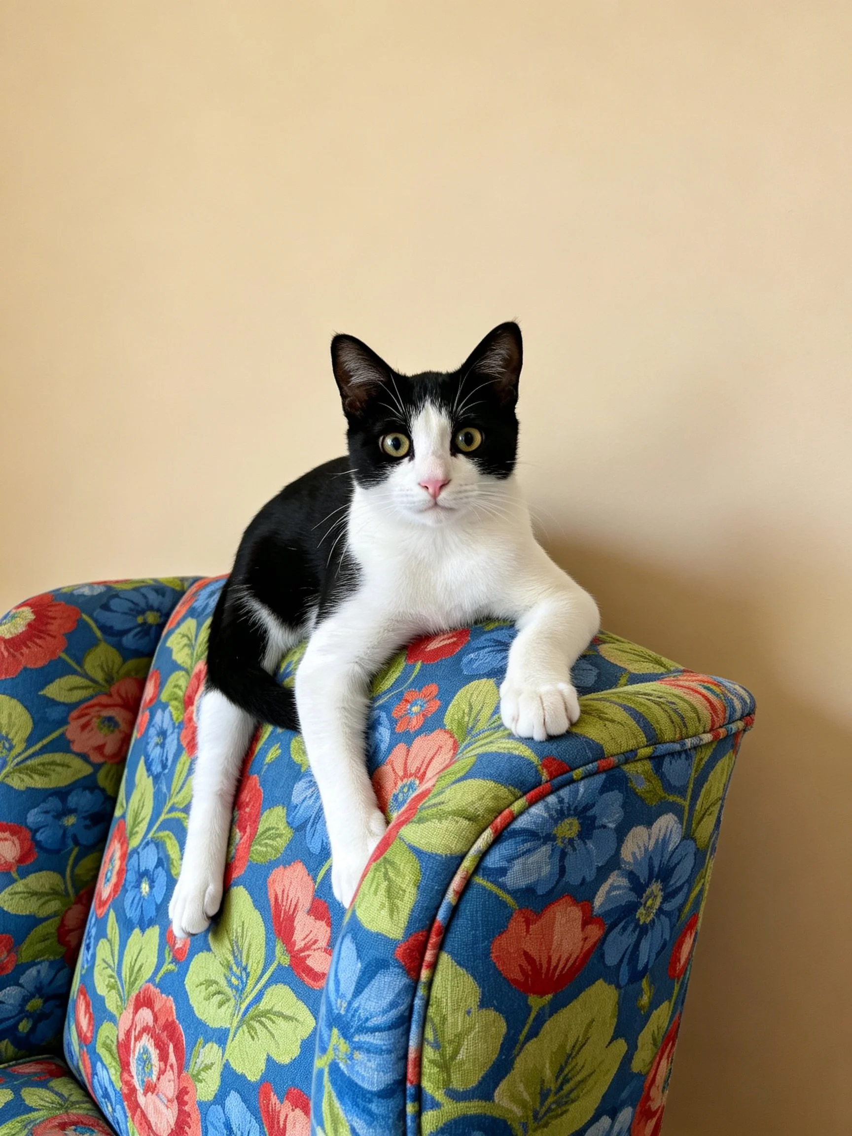 A black - and - white cat resting on a vibrant floral armchair