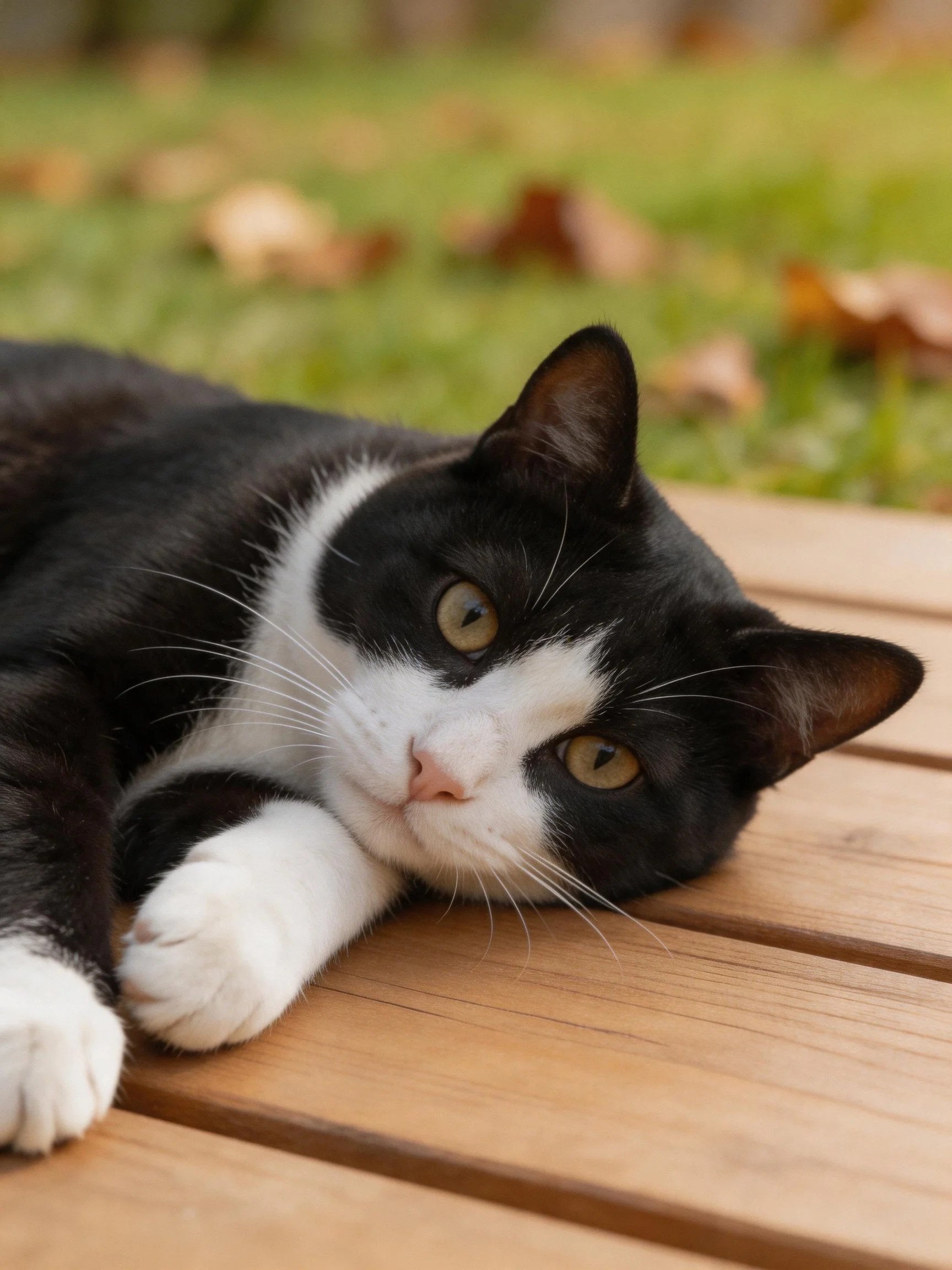 A black and white cat resting on a wooden deck outdoors