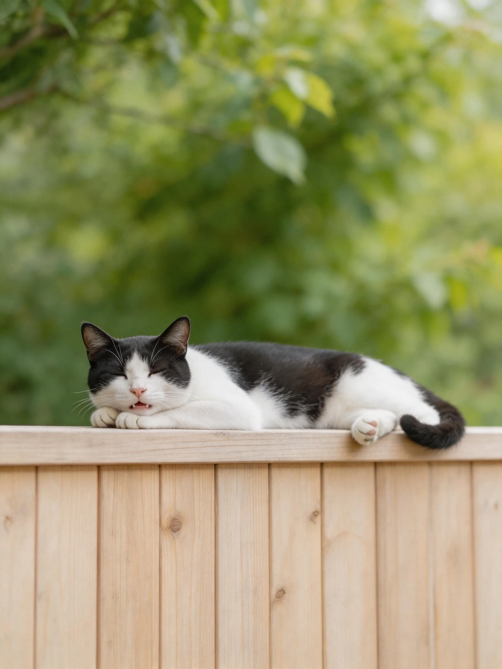 A black - and - white cat resting on a wooden fence amidst green foliage
