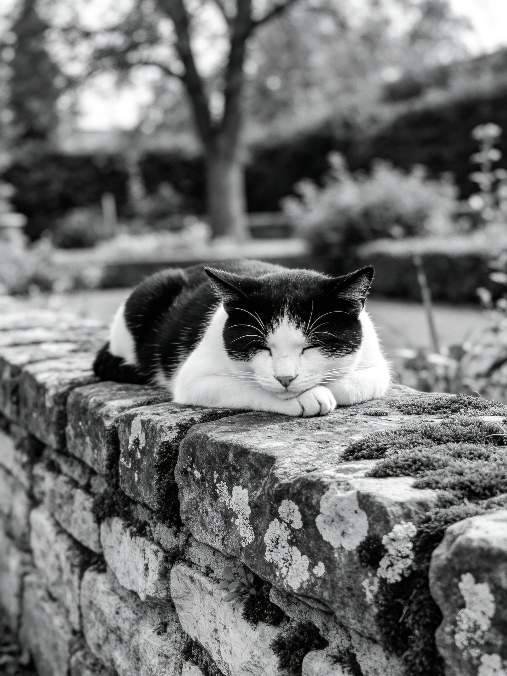 A black - and - white cat resting on an aged stone wall