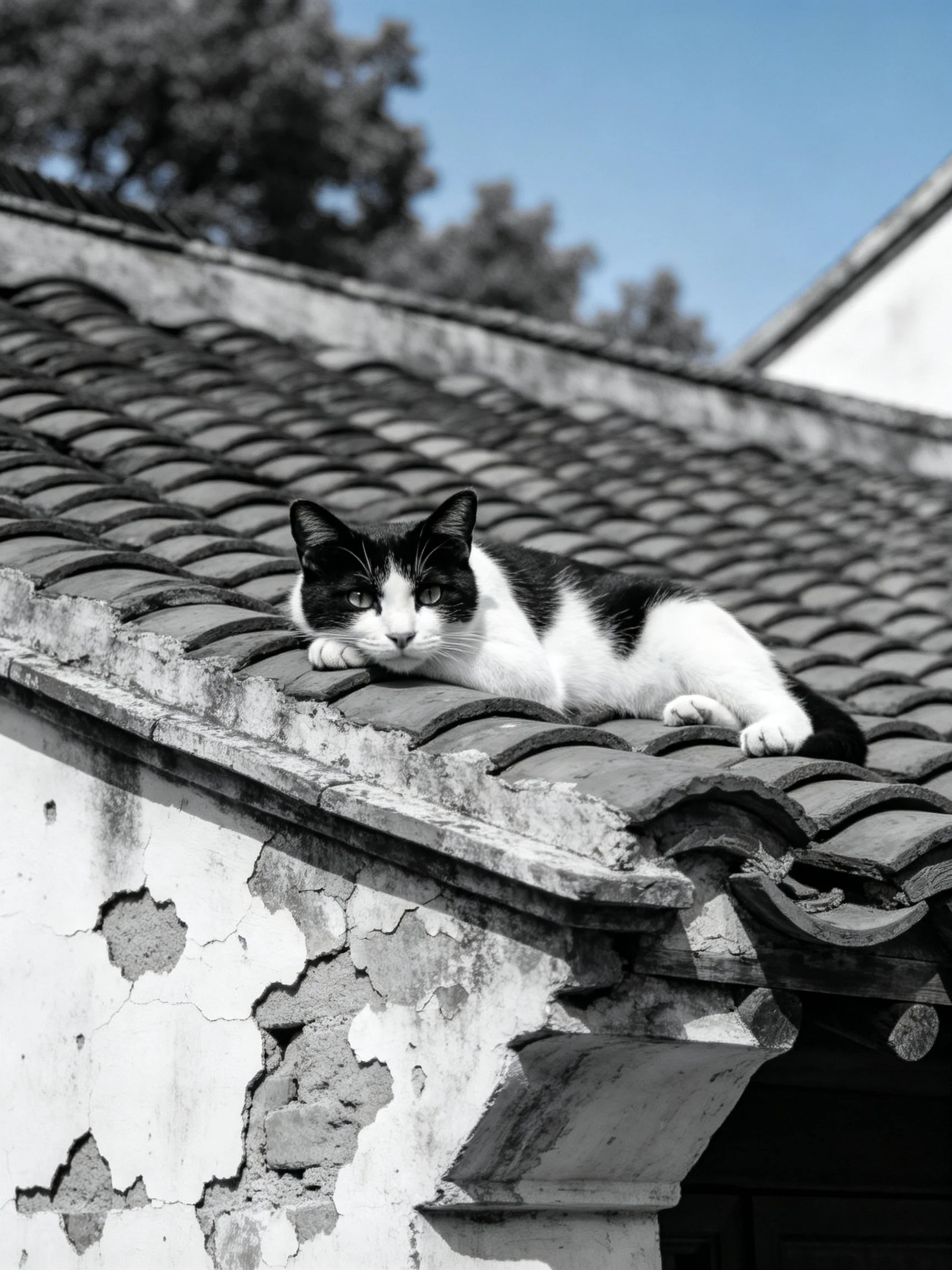 A black - and - white cat resting on an aged tiled roof