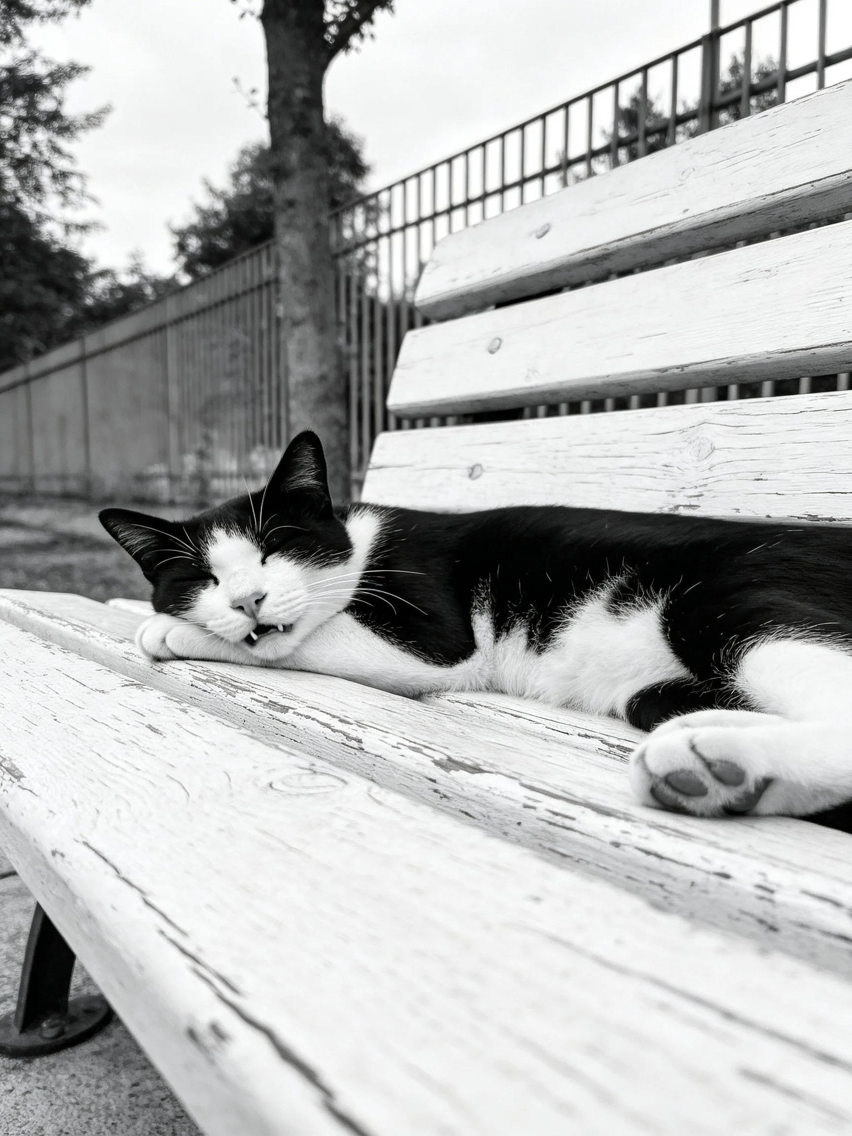 A black and white cat resting on an aged wooden park bench