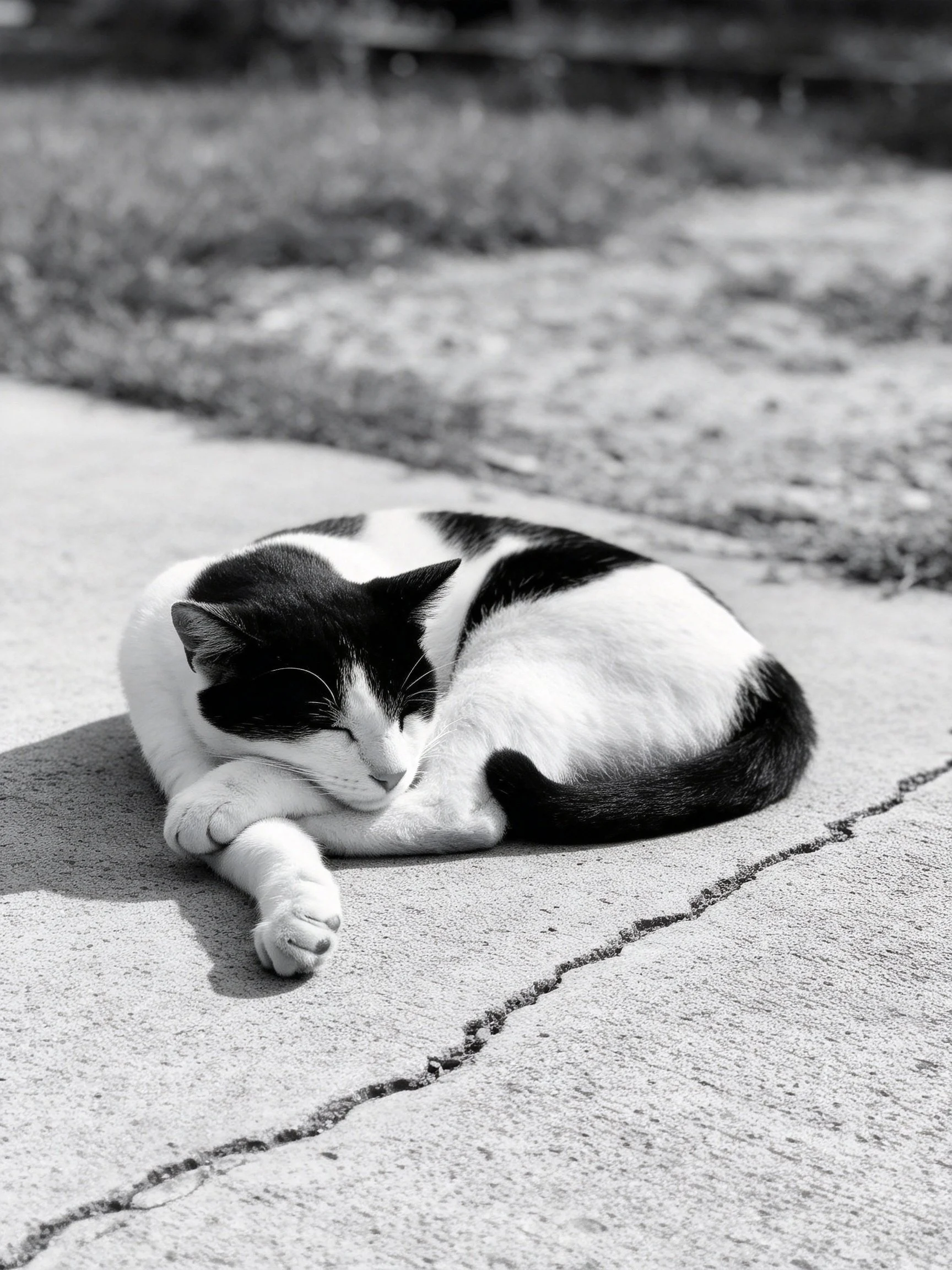 A black - and - white cat resting on cracked pavement