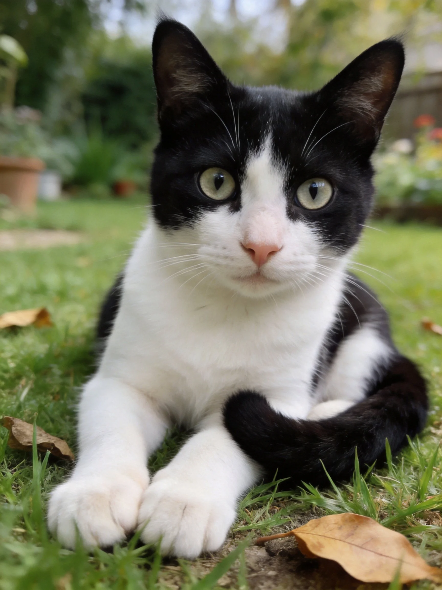 A black and white cat rests peacefully on grass in a garden setting.