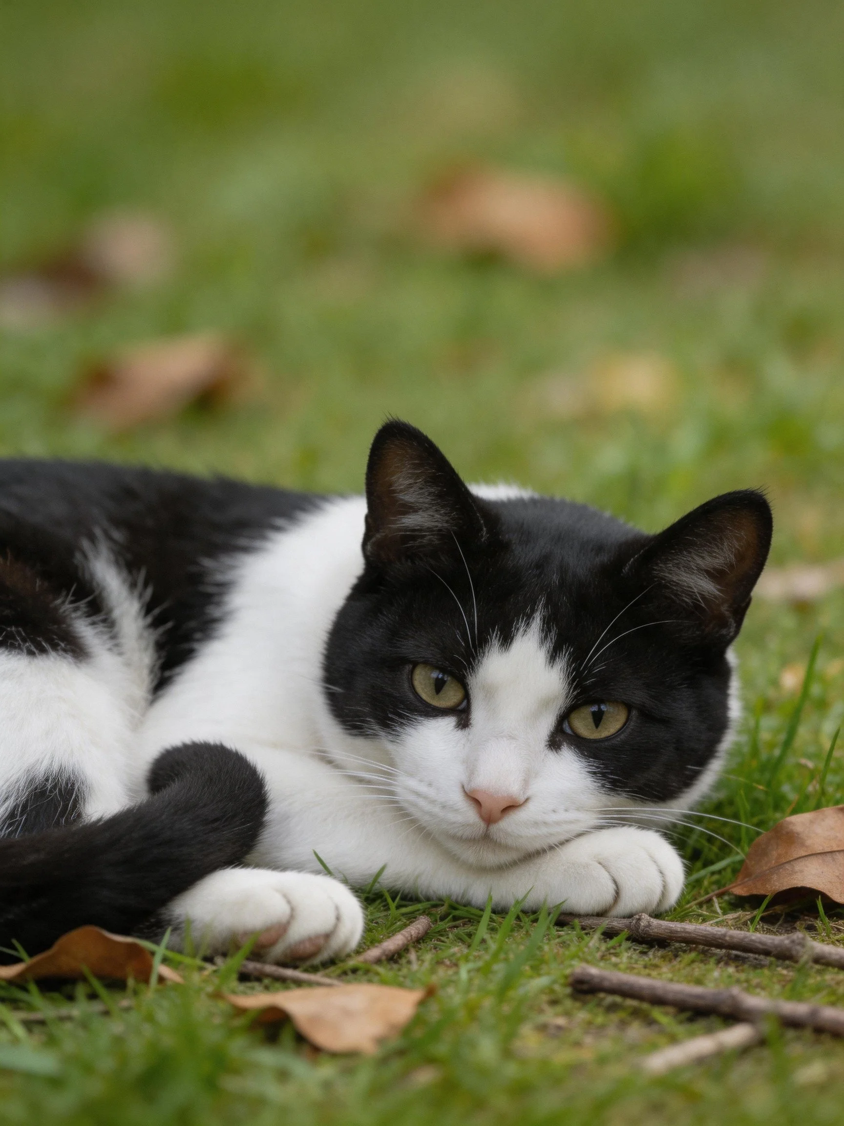 A black and white cat resting on green grass with brown leaves