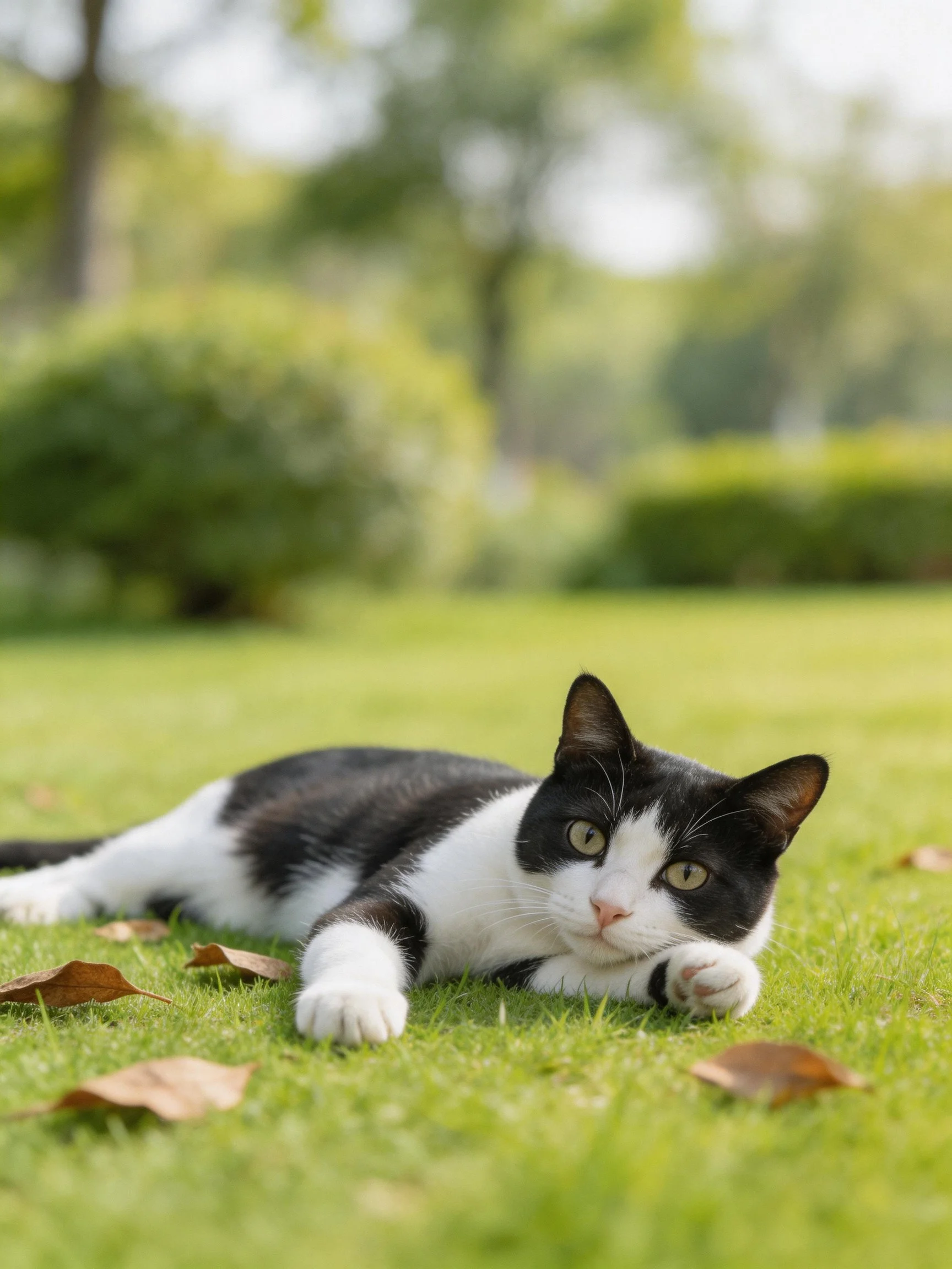 A black and white cat resting on green grass with scattered leaves